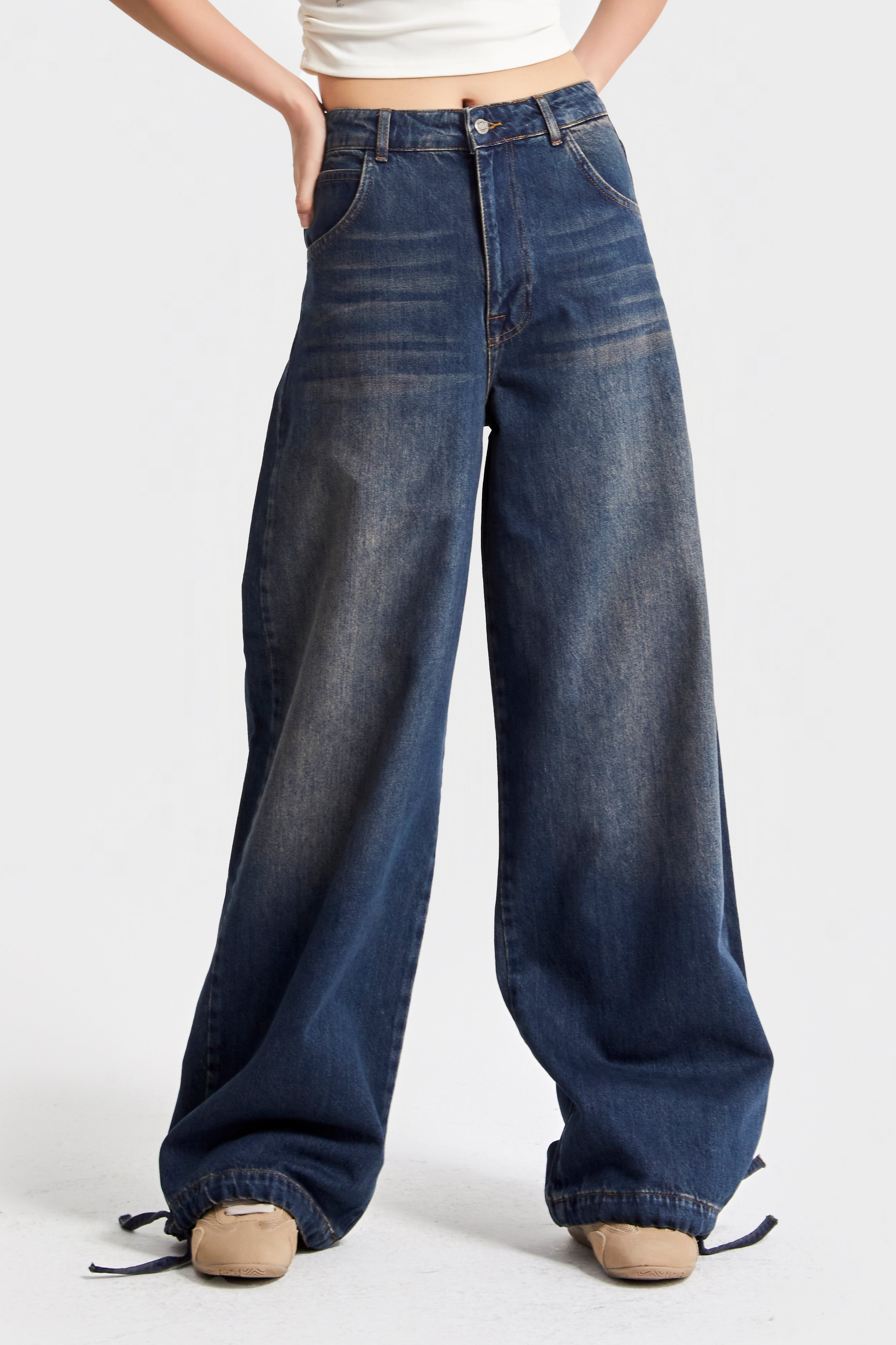 It's Basic Kadın Jean Rengi 2w5-8 Straight Palazzo Fit Paçası Bağcıklı Süper Bol Kesim %100 Pamuk Denim Jean