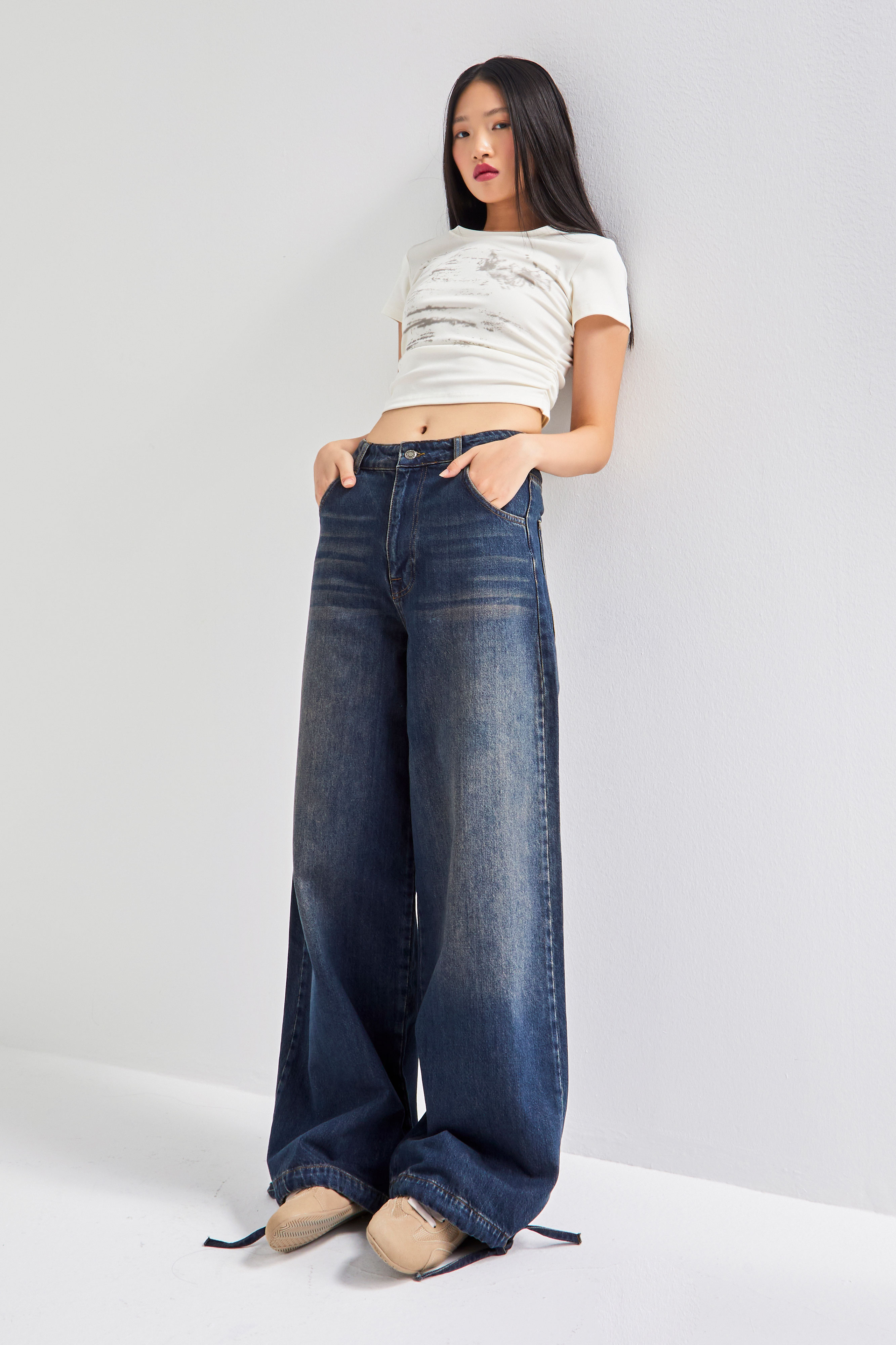 It's Basic Kadın Jean Rengi 2w5-8 Straight Palazzo Fit Paçası Bağcıklı Süper Bol Kesim %100 Pamuk Denim Jean görsel 2