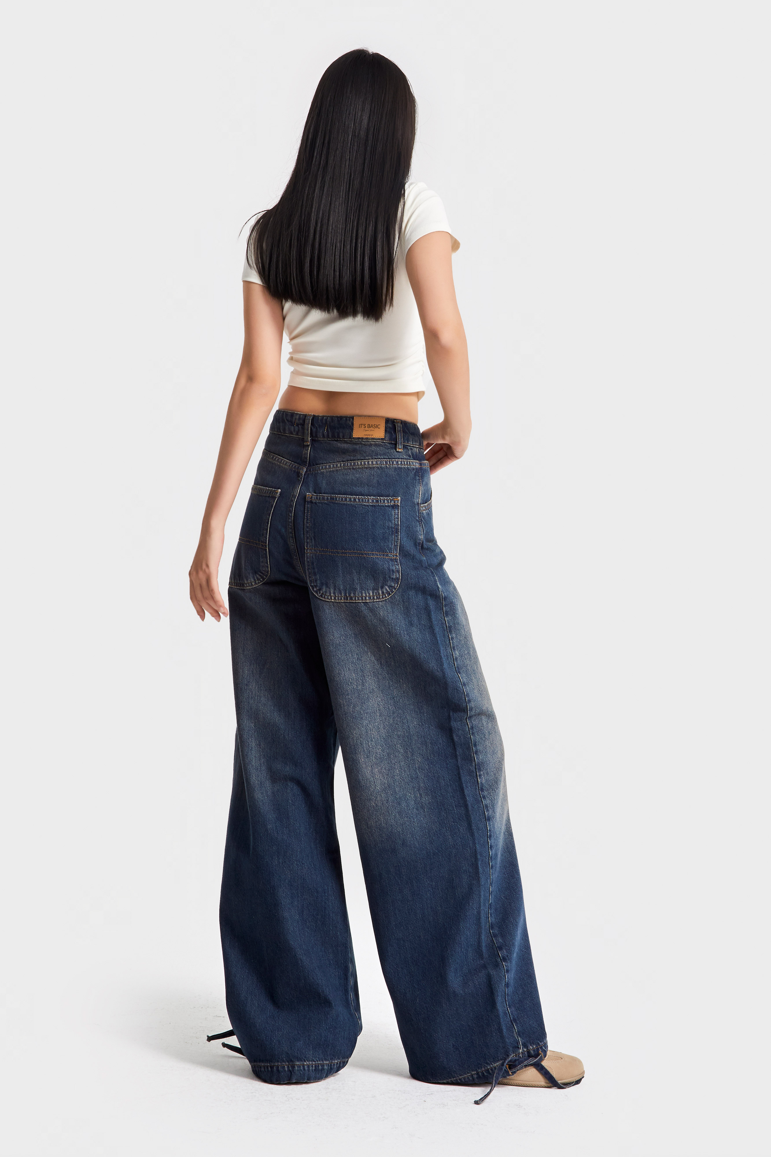 It's Basic Kadın Jean Rengi 2w5-8 Straight Palazzo Fit Paçası Bağcıklı Süper Bol Kesim %100 Pamuk Denim Jean görsel 3