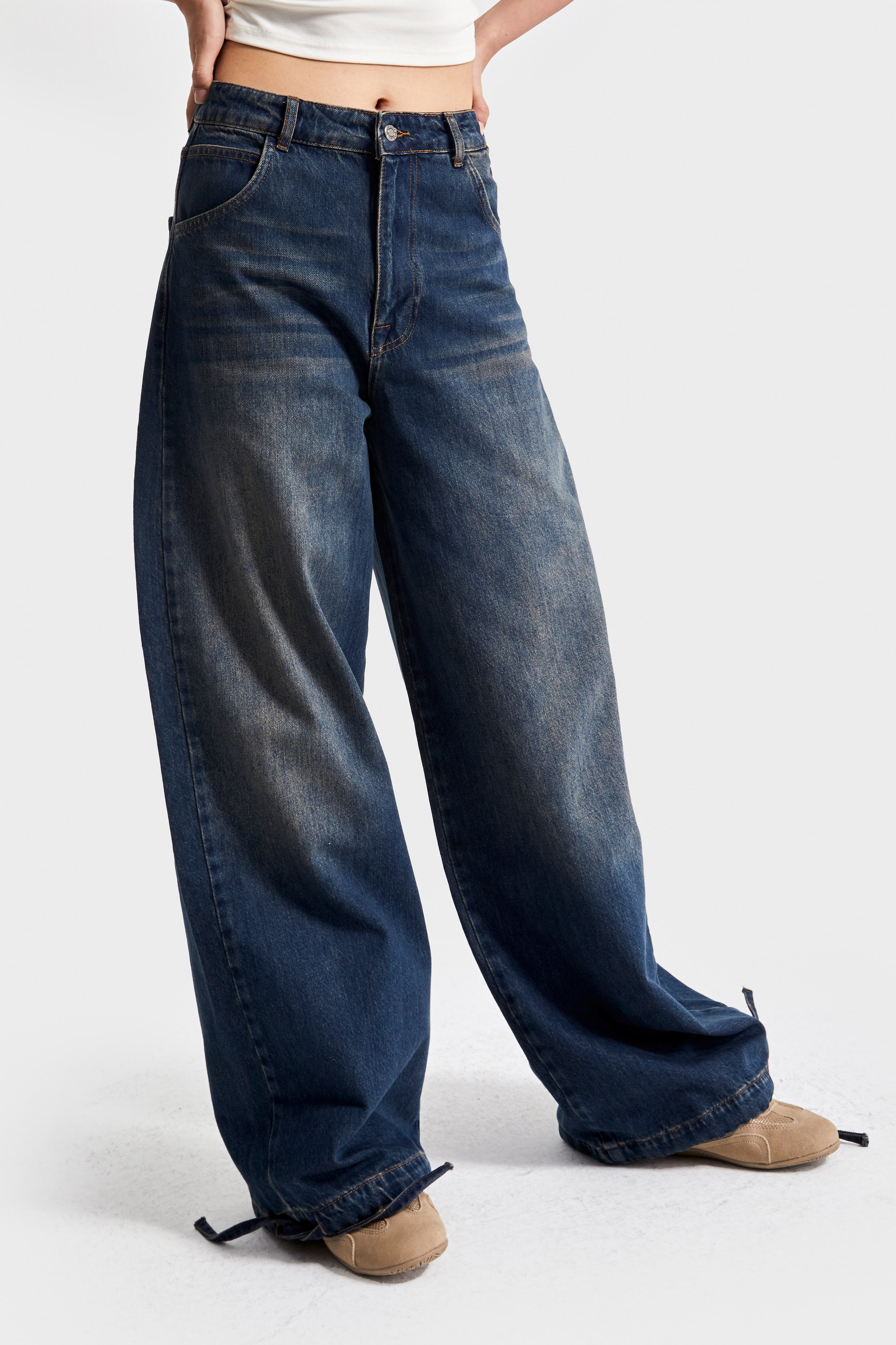It's Basic Kadın Jean Rengi 2w5-8 Straight Palazzo Fit Paçası Bağcıklı Süper Bol Kesim %100 Pamuk Denim Jean görsel 4