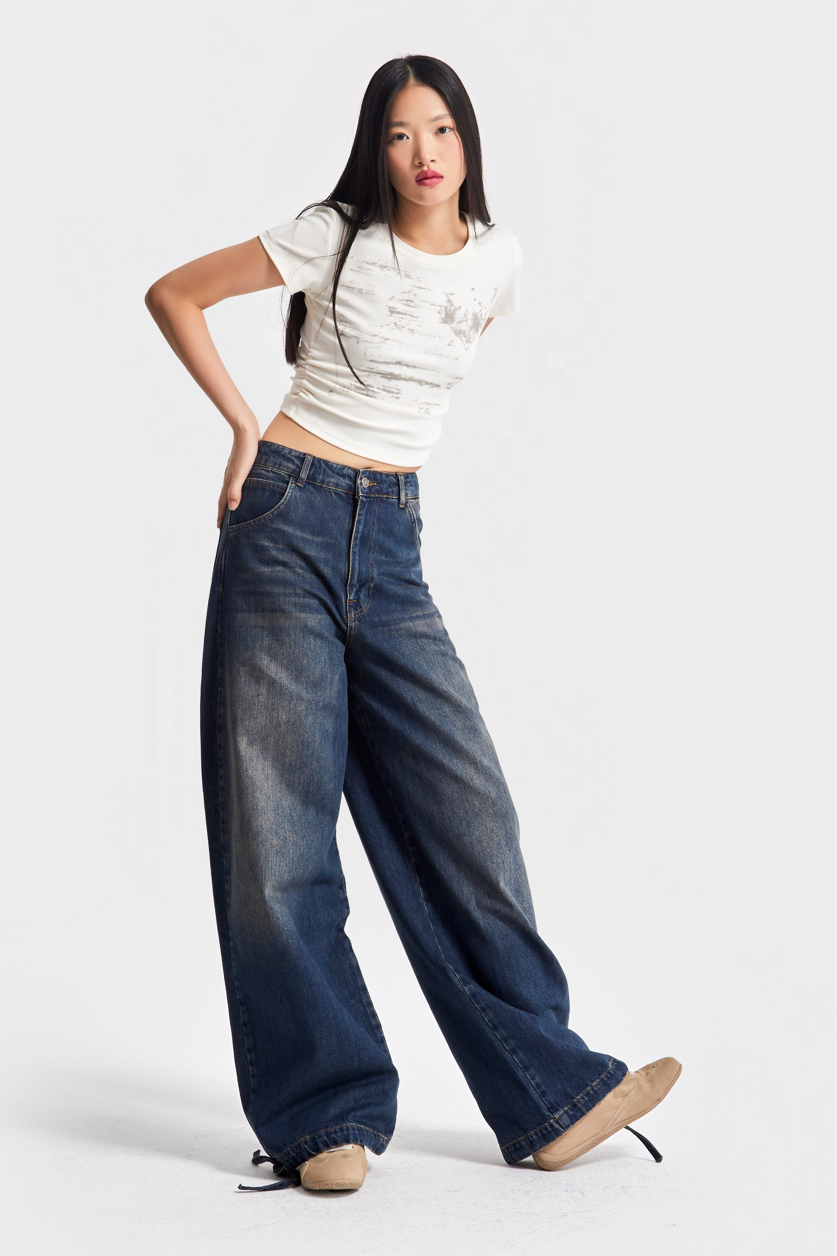 It's Basic Kadın Jean Rengi 2w5-8 Straight Palazzo Fit Paçası Bağcıklı Süper Bol Kesim %100 Pamuk Denim Jean görsel 5