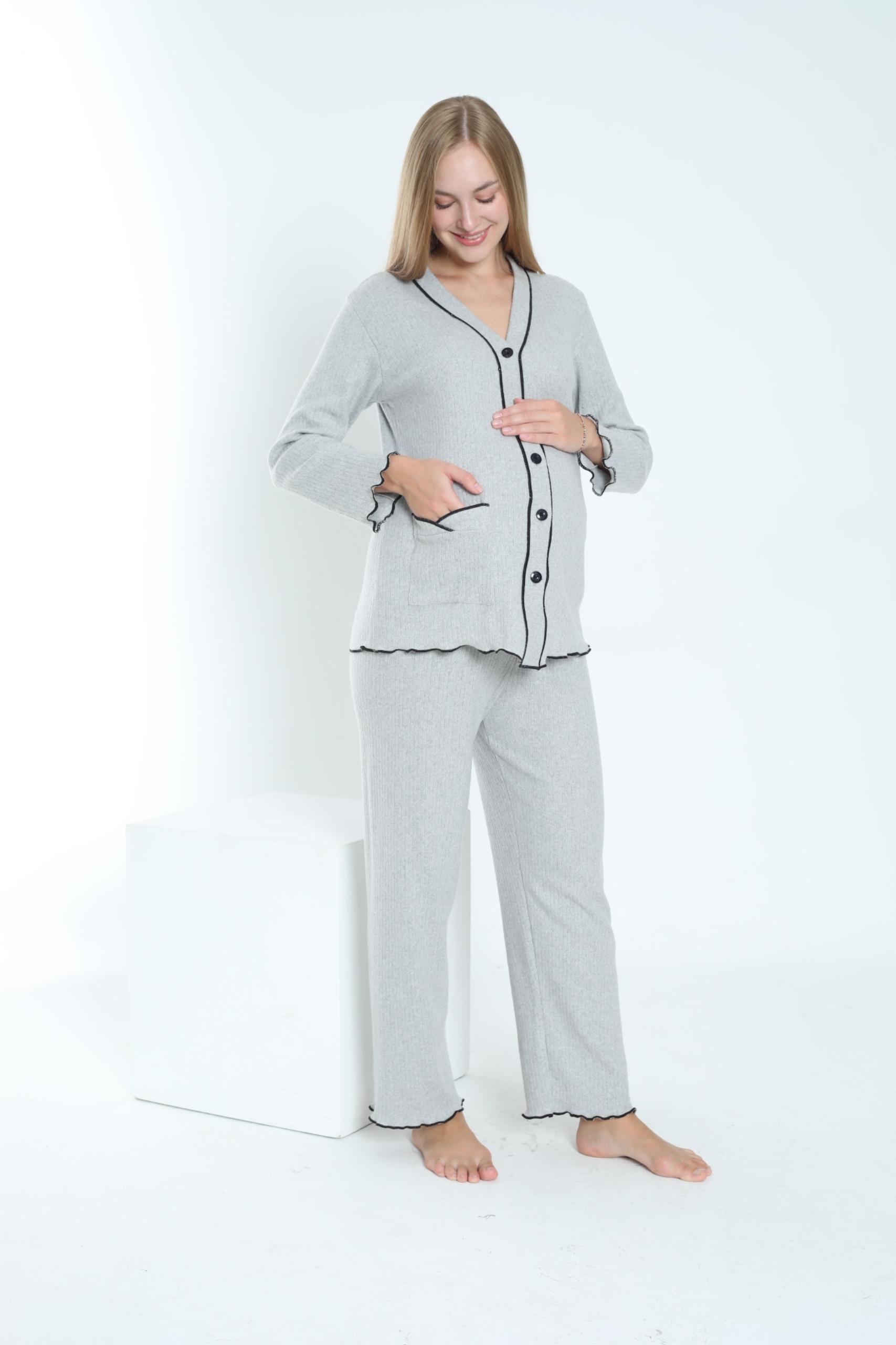 MİSS DÜNYA LİSSA Gri Önden Düğmeli Ayarlanabilir Bel Kol ve Paça Fırfır Detaylı Hamile Pijama Takımı