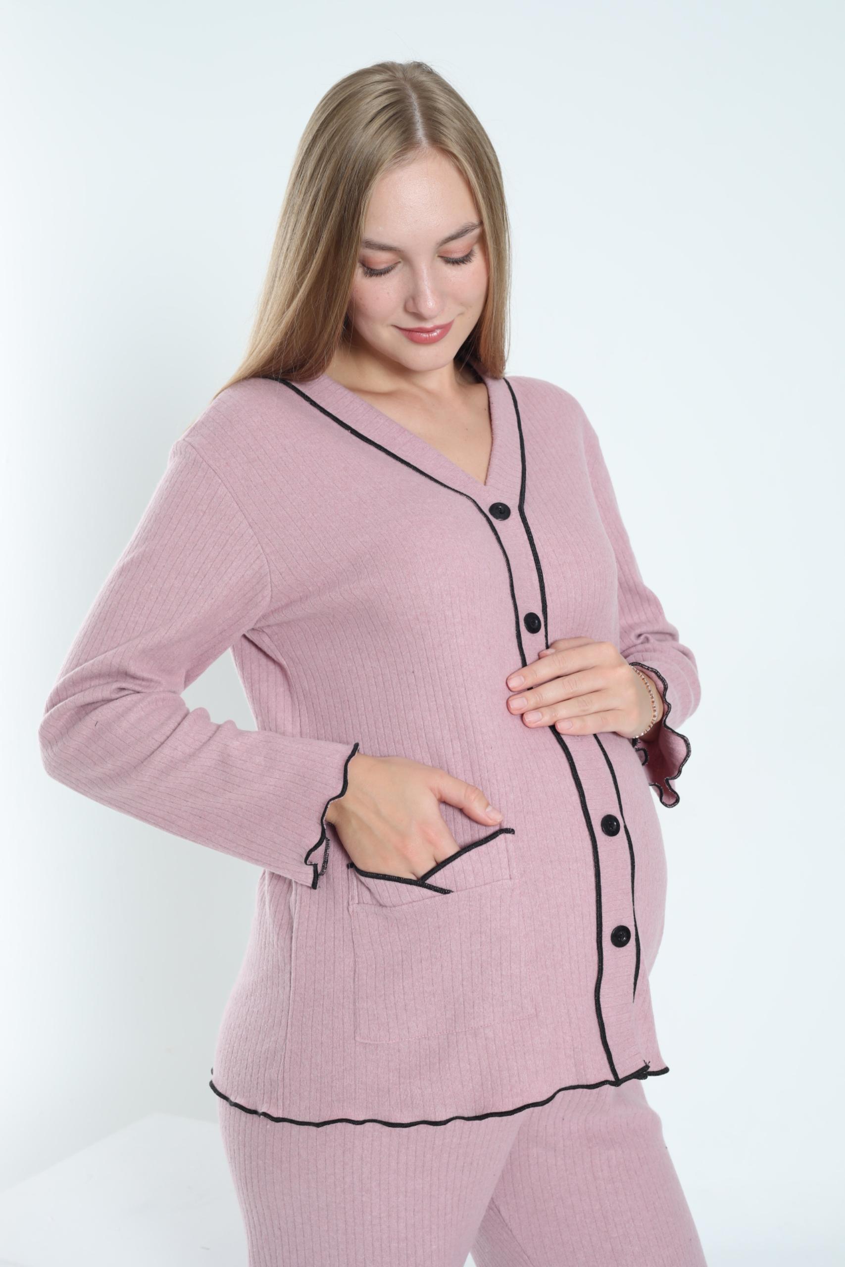 MİSS DÜNYA LİSSA Gül Kurusu Önden Düğmeli Ayarlanabilir Bel Kol ve Paça Fırfır Detaylı Hamile Pijama Takımı görsel 4
