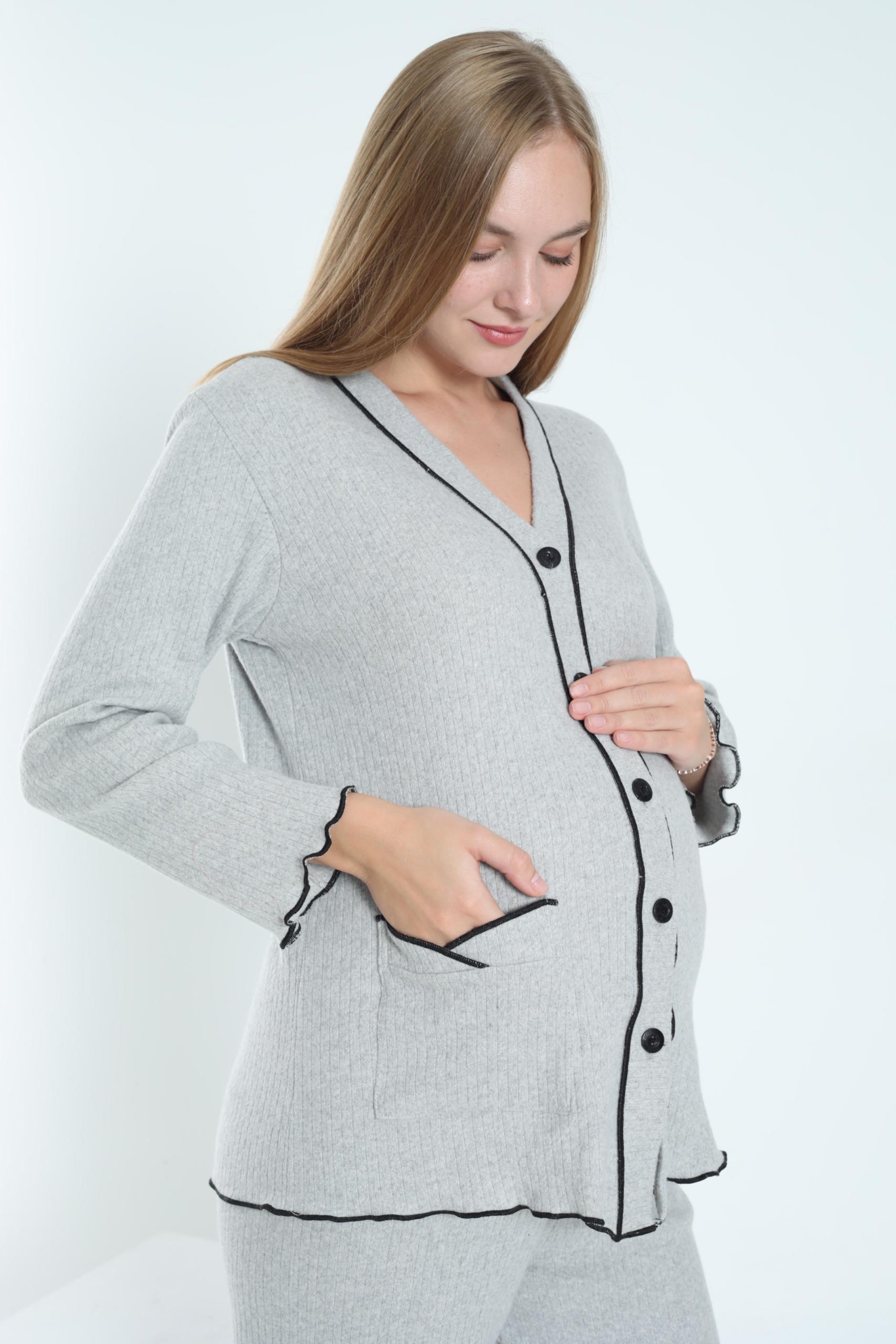 MİSS DÜNYA LİSSA Gri Önden Düğmeli Ayarlanabilir Bel Kol ve Paça Fırfır Detaylı Hamile Pijama Takımı görsel 4