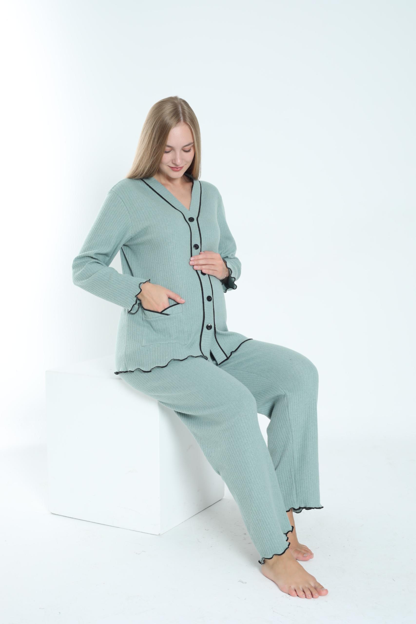 MİSS DÜNYA LİSSA Yeşil Önden Düğmeli Ayarlanabilir Bel Kol ve Paça Fırfır Detaylı Hamile Pijama Takımı görsel 3
