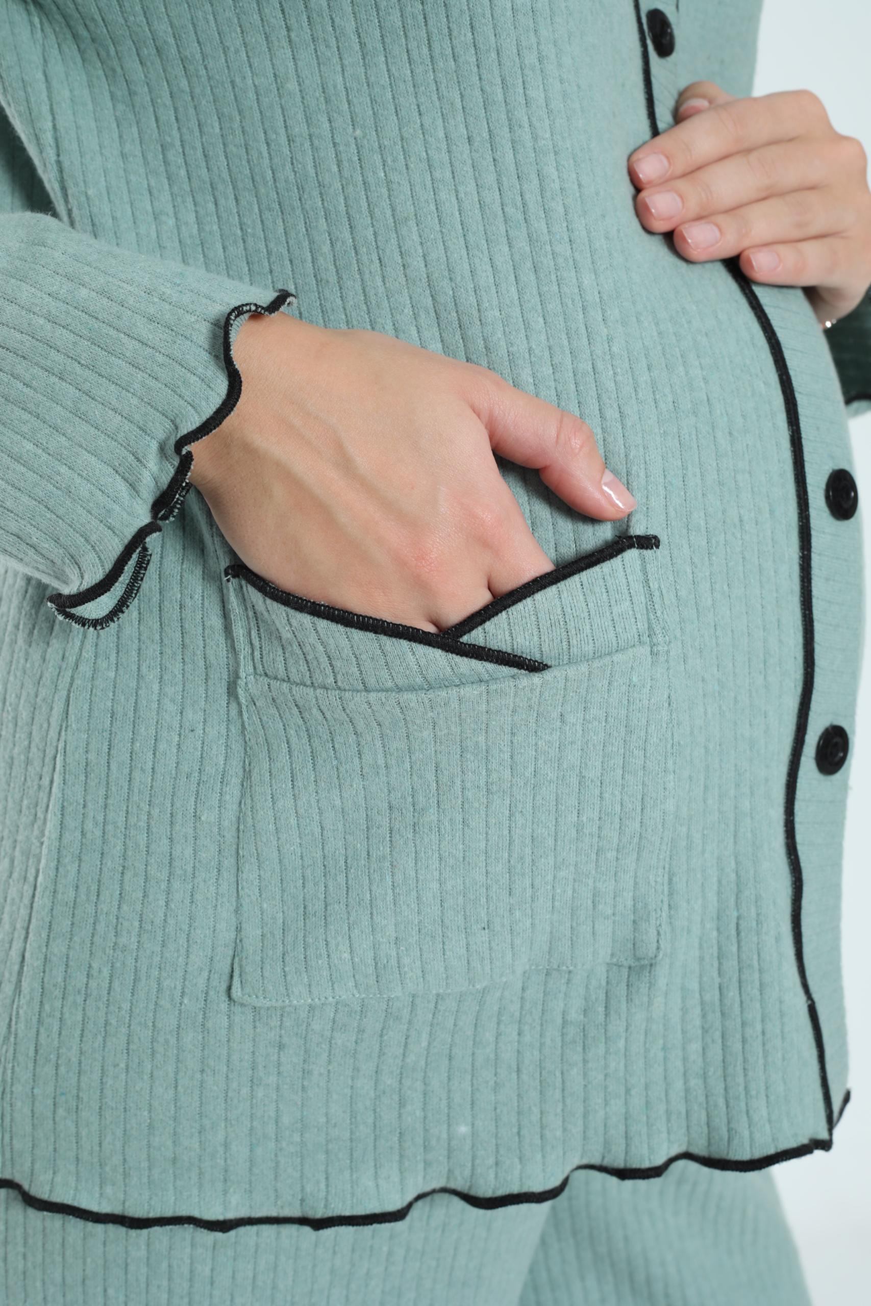 MİSS DÜNYA LİSSA Yeşil Önden Düğmeli Ayarlanabilir Bel Kol ve Paça Fırfır Detaylı Hamile Pijama Takımı görsel 6