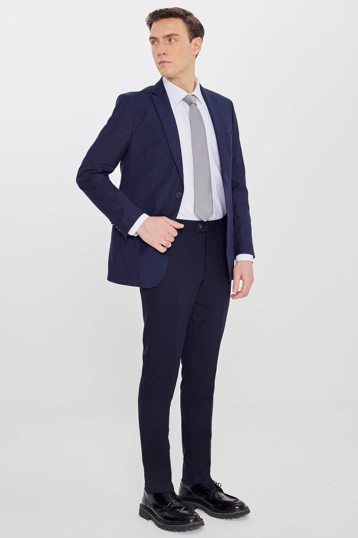 Altınyıldız Classics Erkek Lacivert-Mavi Slim Fit Mono Yaka Desenli Çift Pantolonlu Takım Elbise