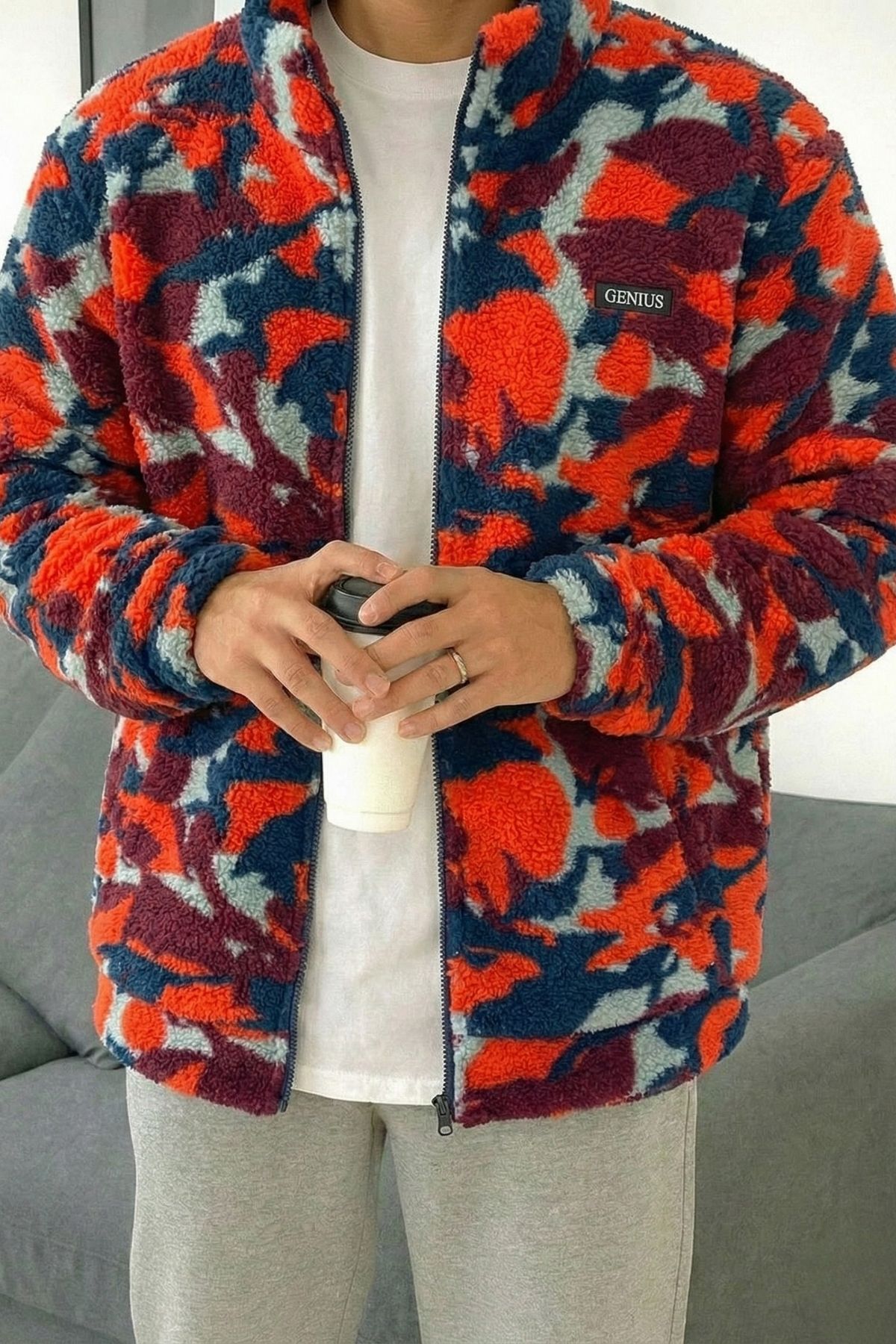 Genius Store Oversize Pelüş Tam Fermuarlı Sweatshirt Pelüş İçi Polarlı Sherpa Kumaş Sweatshirt
