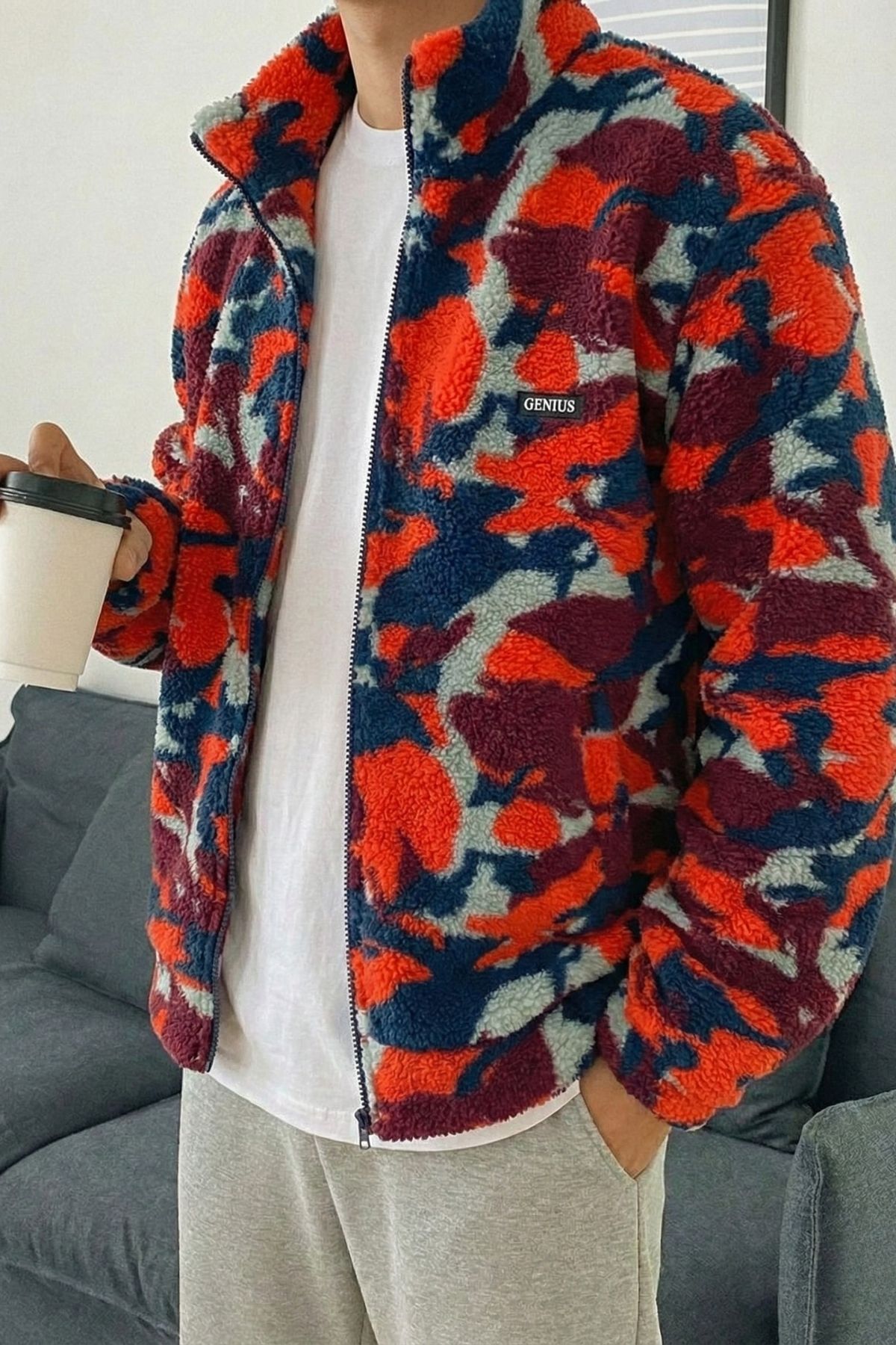 Genius Store Oversize Pelüş Tam Fermuarlı Sweatshirt Pelüş İçi Polarlı Sherpa Kumaş Sweatshirt görsel 2