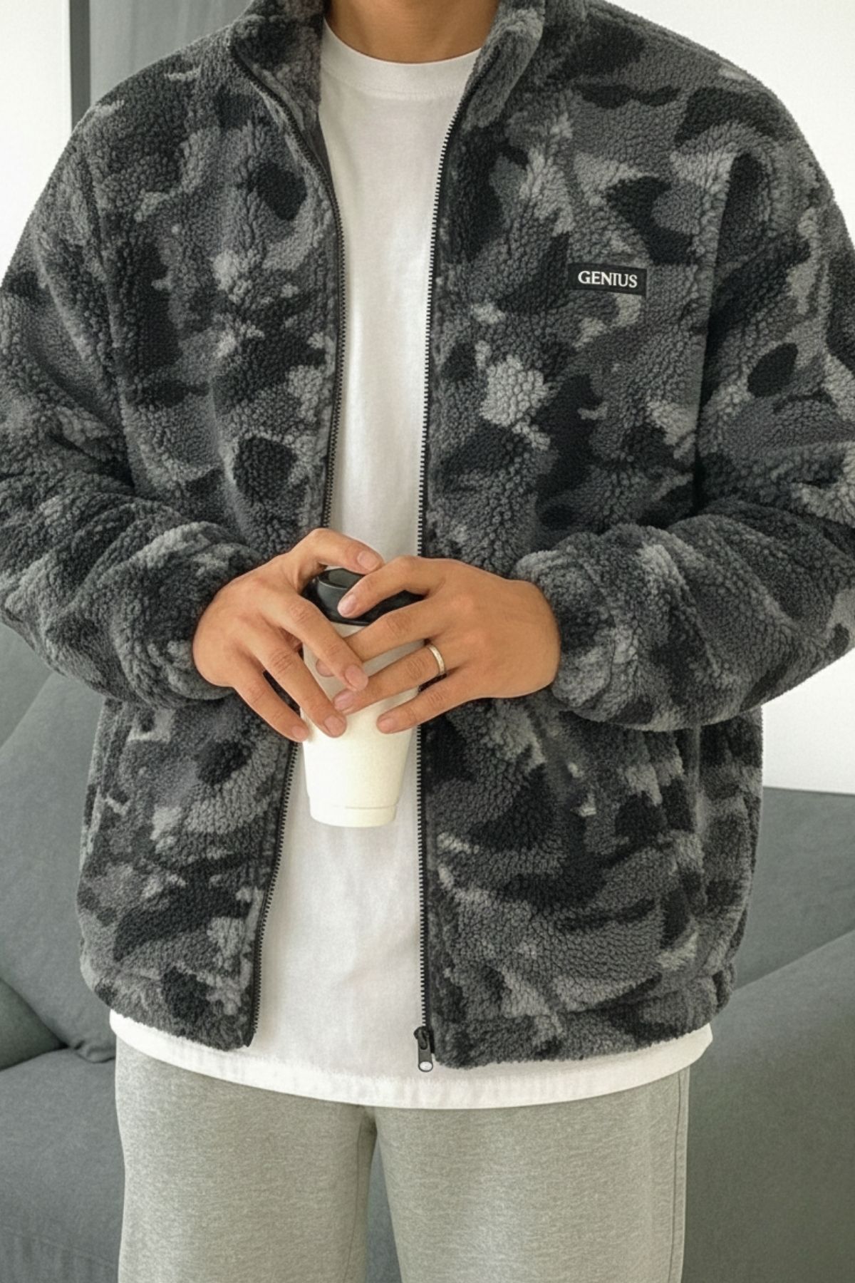 Genius Store Oversize Pelüş Tam Fermuarlı Sweatshirt Pelüş İçi Polarlı Sherpa Kumaş Sweatshirt