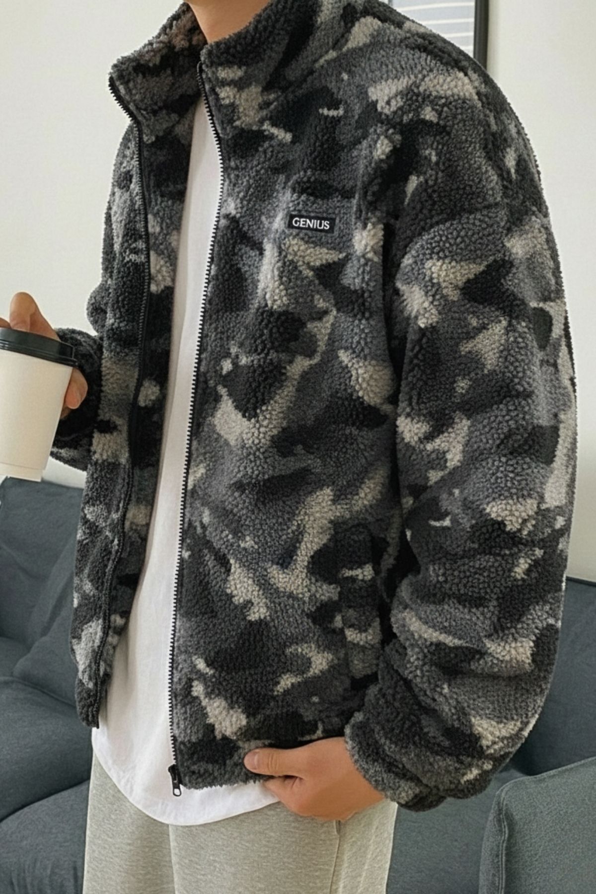 Genius Store Oversize Pelüş Tam Fermuarlı Sweatshirt Pelüş İçi Polarlı Sherpa Kumaş Sweatshirt görsel 2
