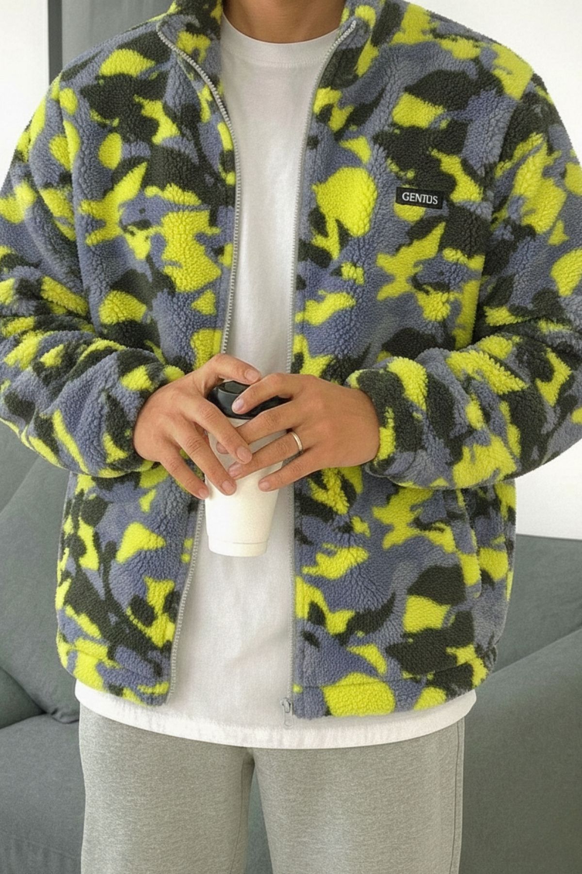 Genius Store Oversize Pelüş Tam Fermuarlı Sweatshirt Pelüş İçi Polarlı Sherpa Kumaş Sweatshirt