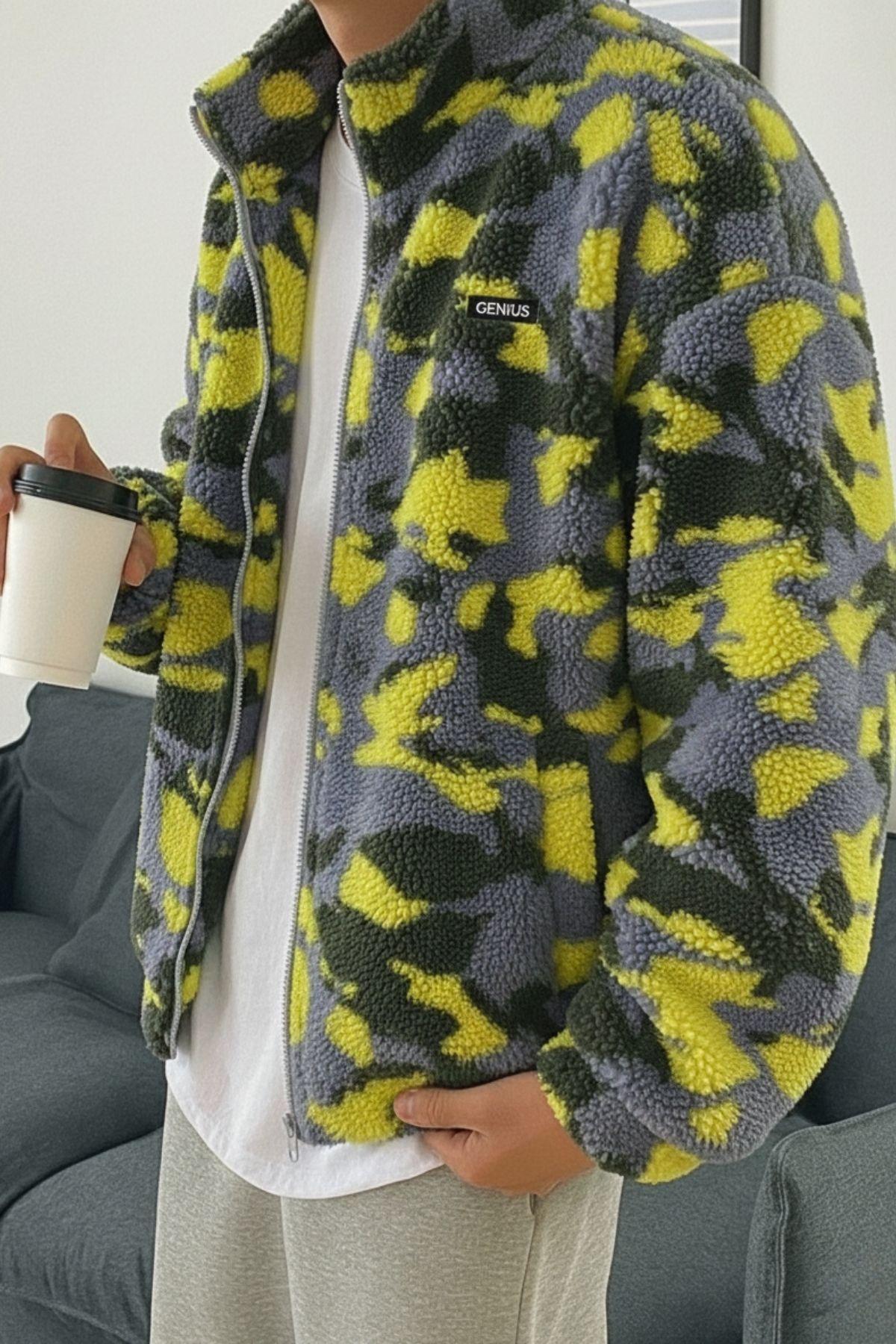 Genius Store Oversize Pelüş Tam Fermuarlı Sweatshirt Pelüş İçi Polarlı Sherpa Kumaş Sweatshirt görsel 2