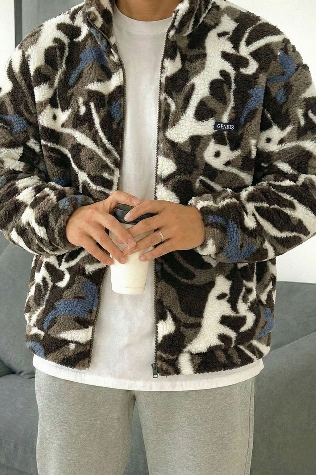 Genius Store Oversize Pelüş Tam Fermuarlı Sweatshirt Pelüş İçi Polarlı Sherpa Kumaş Sweatshirt