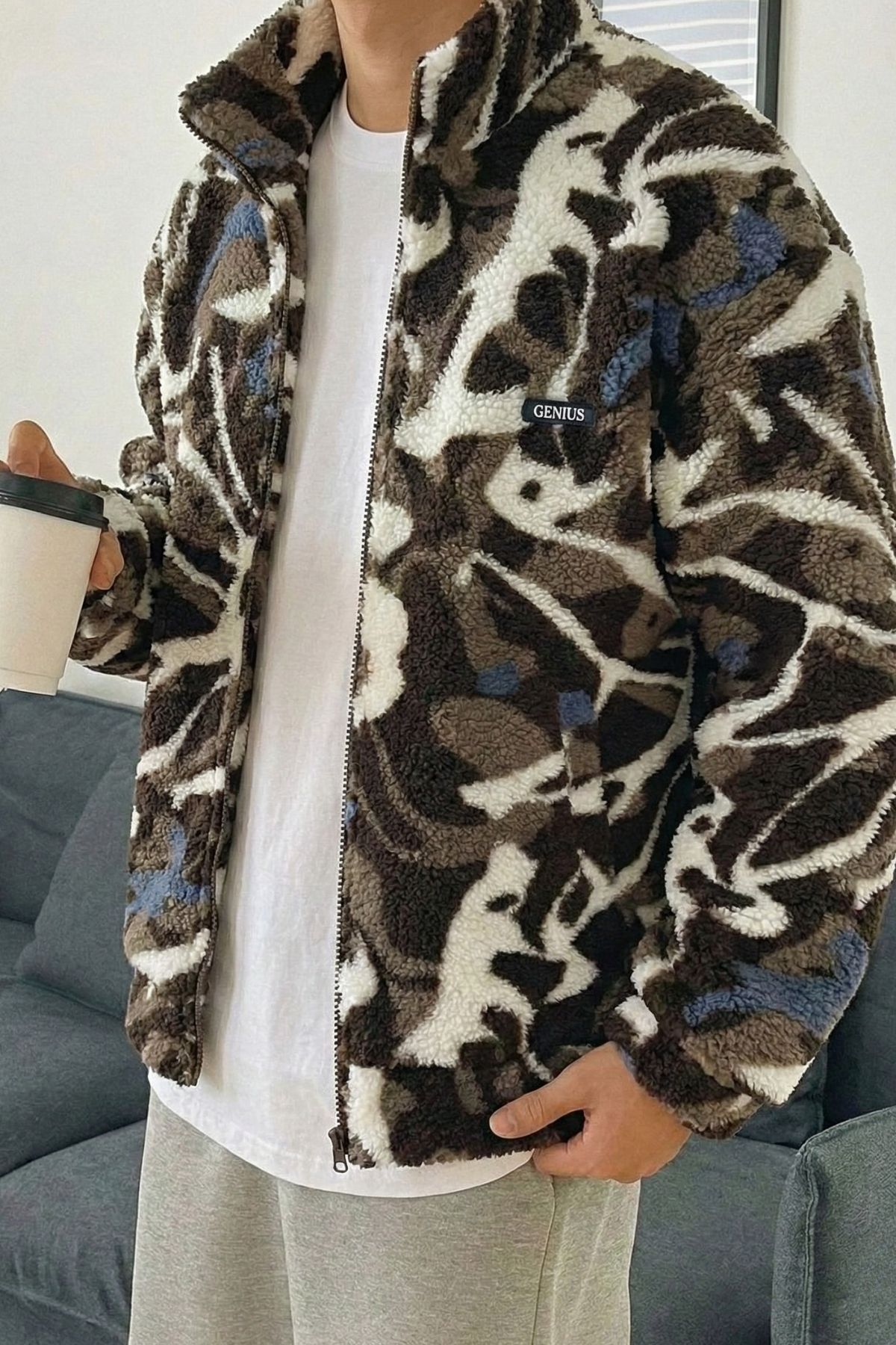 Genius Store Oversize Pelüş Tam Fermuarlı Sweatshirt Pelüş İçi Polarlı Sherpa Kumaş Sweatshirt görsel 2
