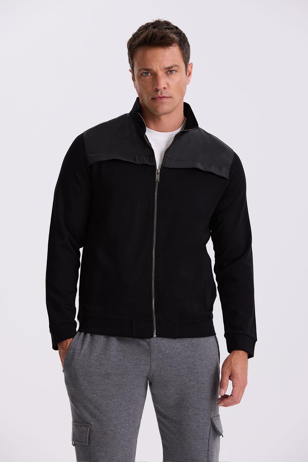 JAKAMEN Siyah Slim Fit Fermuarlı Pamuklu Elastanlı Eşofman Üstü