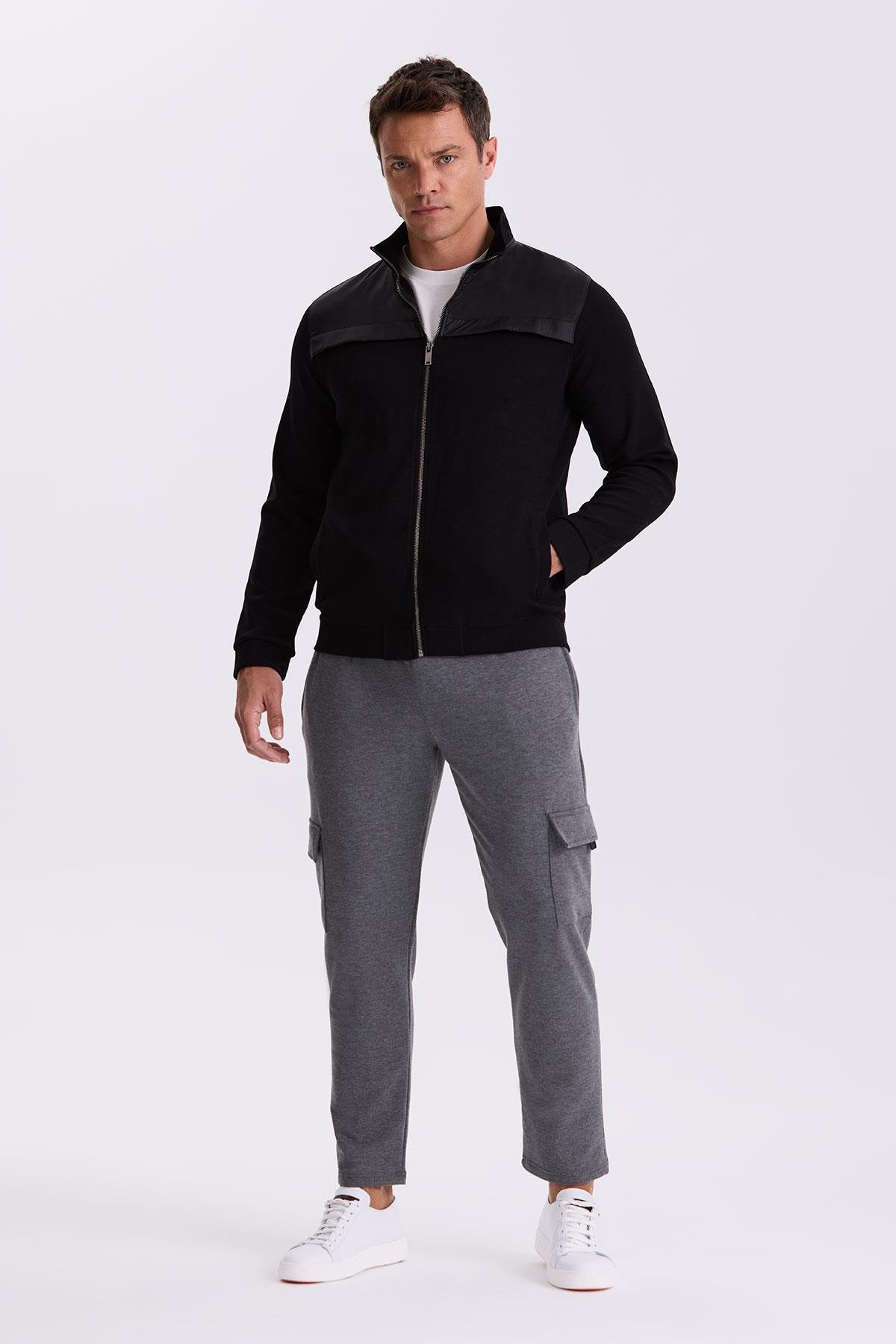 JAKAMEN Siyah Slim Fit Fermuarlı Pamuklu Elastanlı Eşofman Üstü görsel 2