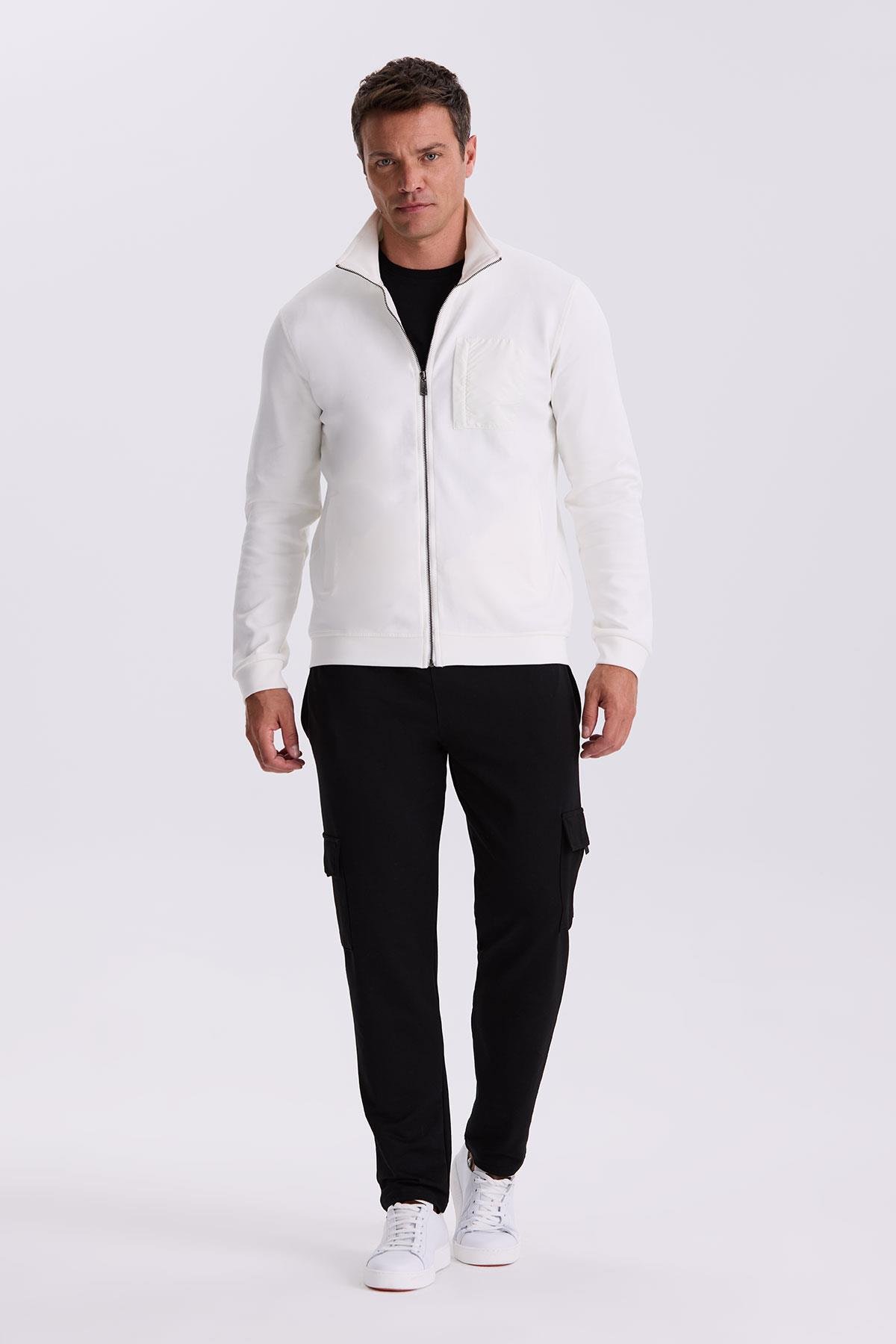 JAKAMEN Ekru Slim Fit Fermuarlı Pamuklu Elastanlı Eşofman Üstü