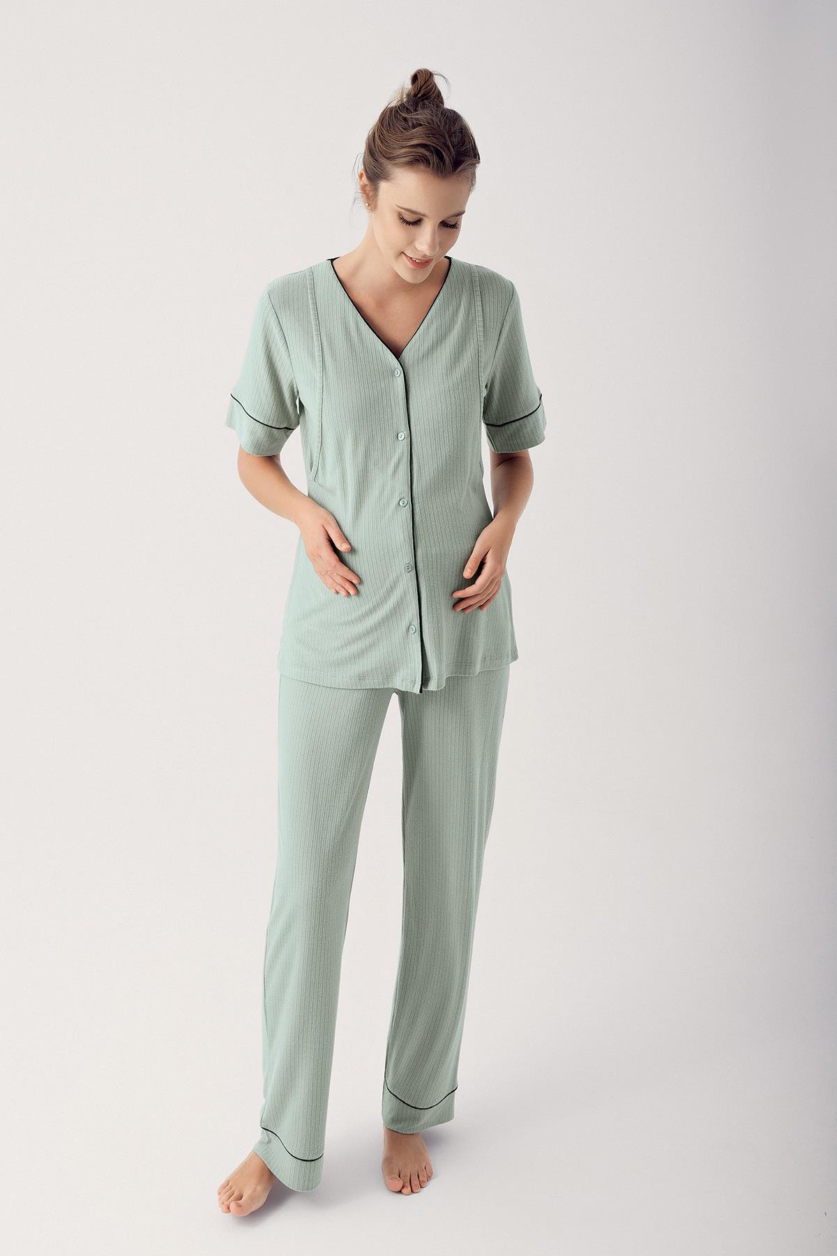 Artış Düğmeli Kısa Kollu Esnek Viskon Hamile Sabahlık Pijama Takımı 14306 görsel 3