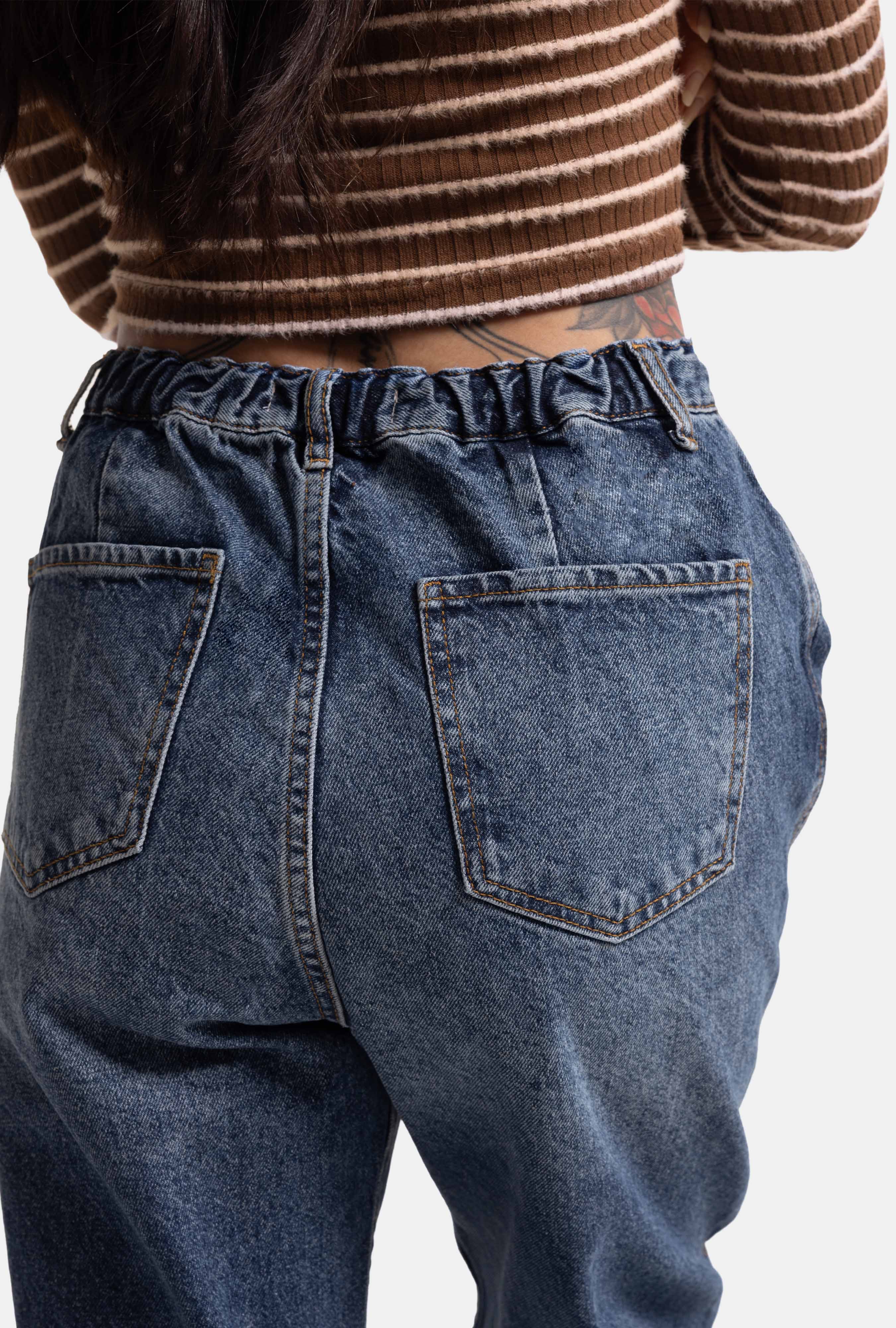 It's Basic Kadın Koyu Mavi 2w5-5 Relaxed Fit Beli Lastikli Denim Jean görsel 3