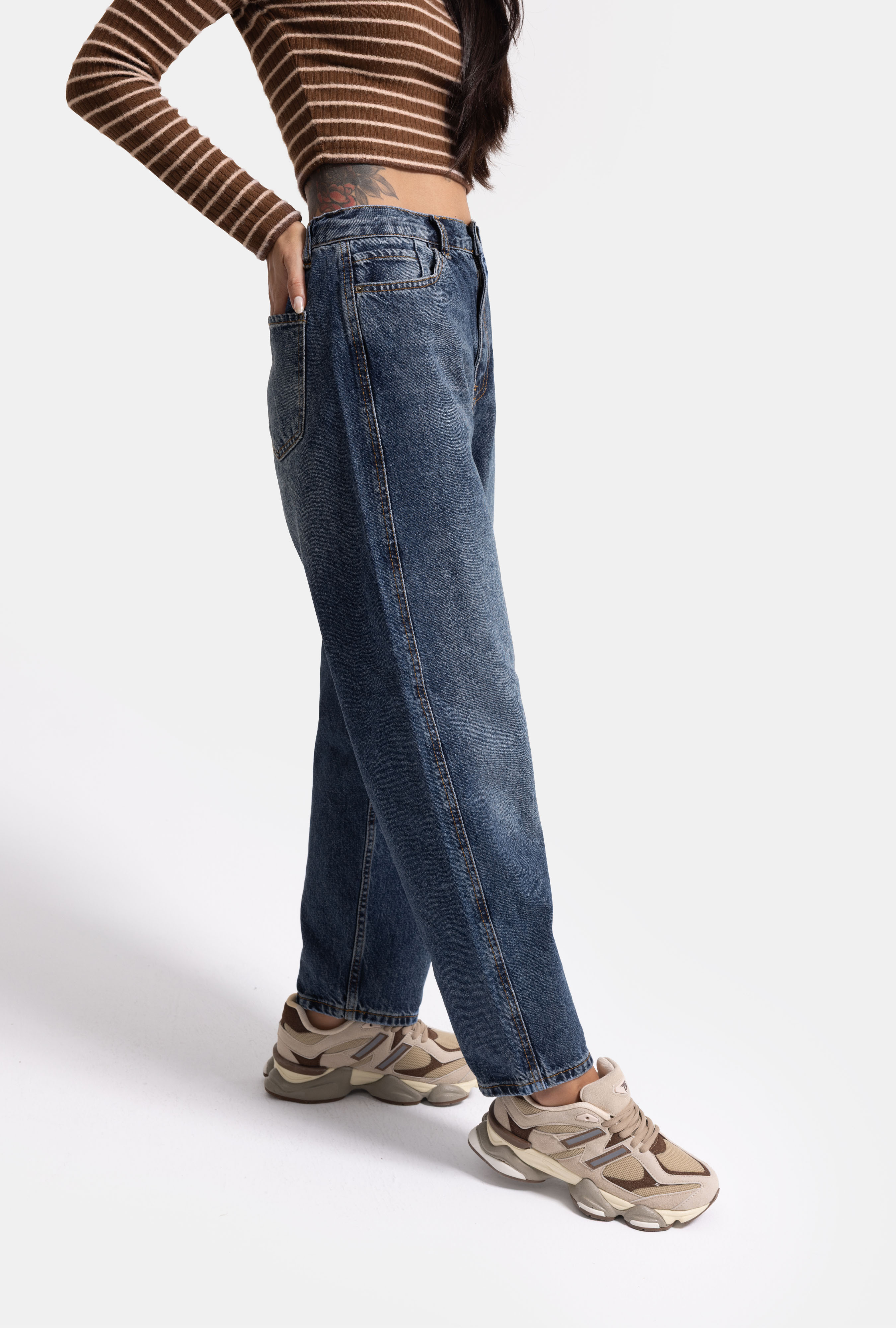 It's Basic Kadın Koyu Mavi 2w5-5 Relaxed Fit Beli Lastikli Denim Jean görsel 4