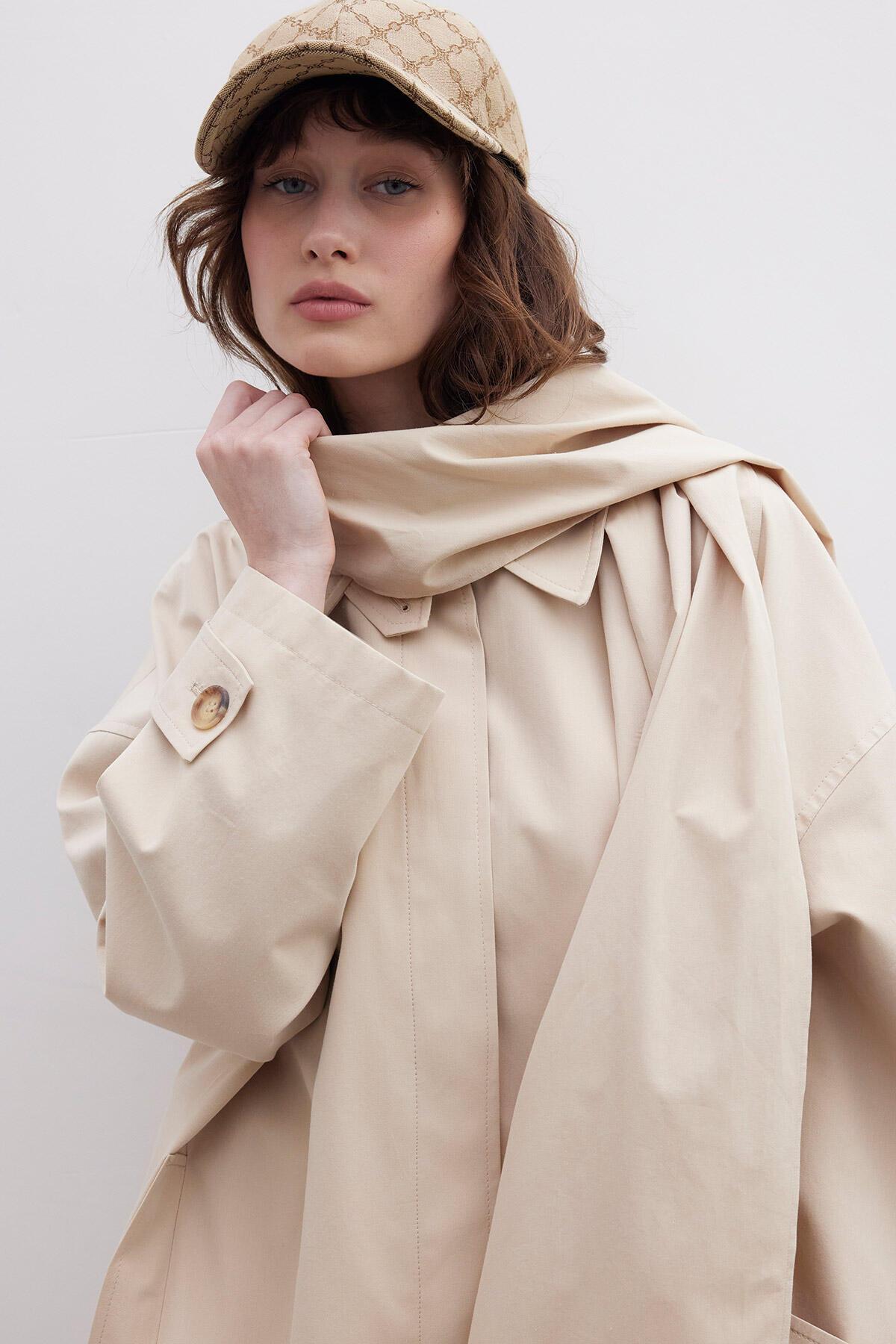 Manuka Stokholm Şal Detaylı Oversize Trençkot Bej görsel 5