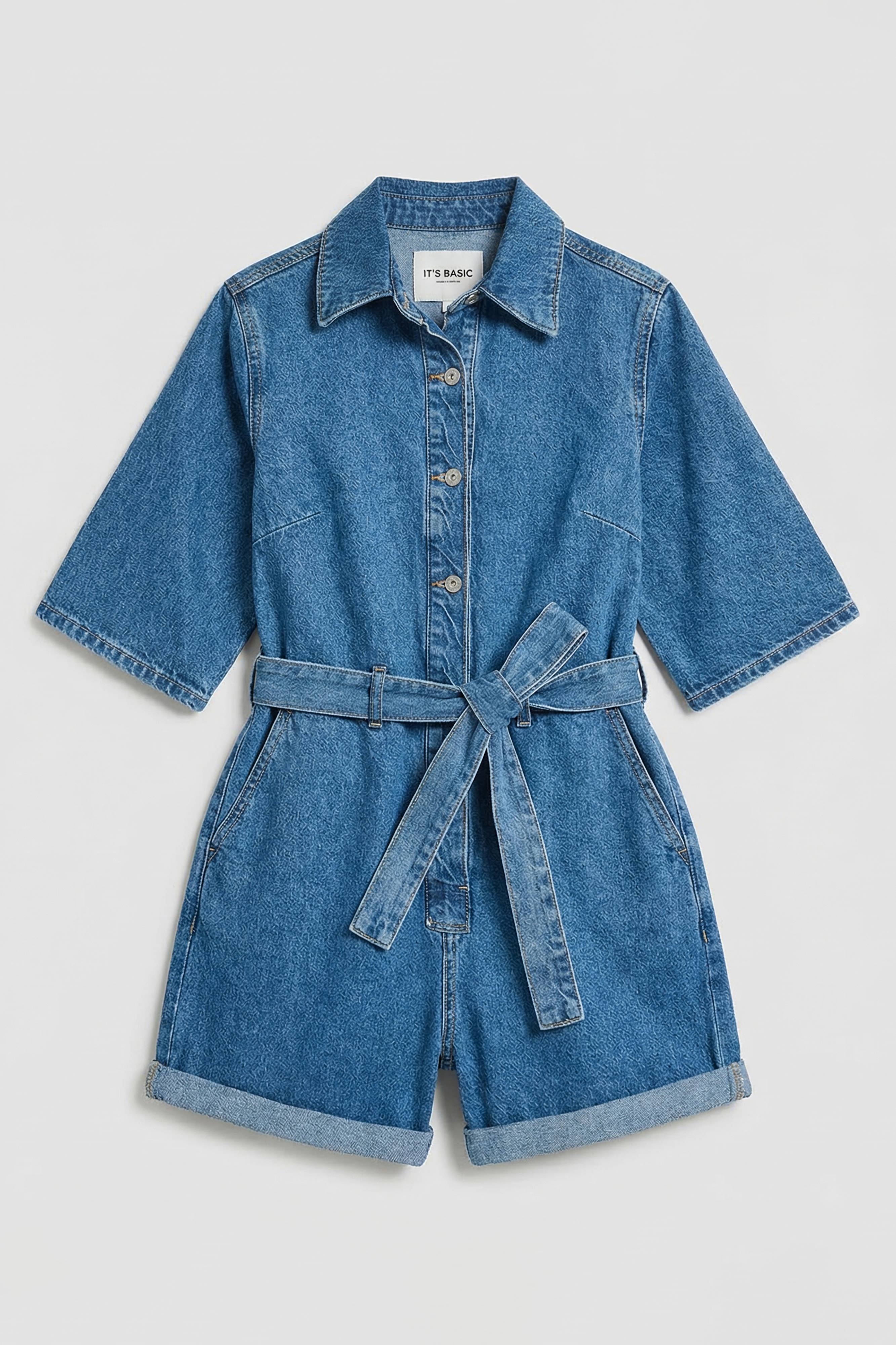 It's Basic Kadın Mavi 1s6-4 Straight Kemer ve Düğme Detaylı Denim Tulum Şort görsel 2