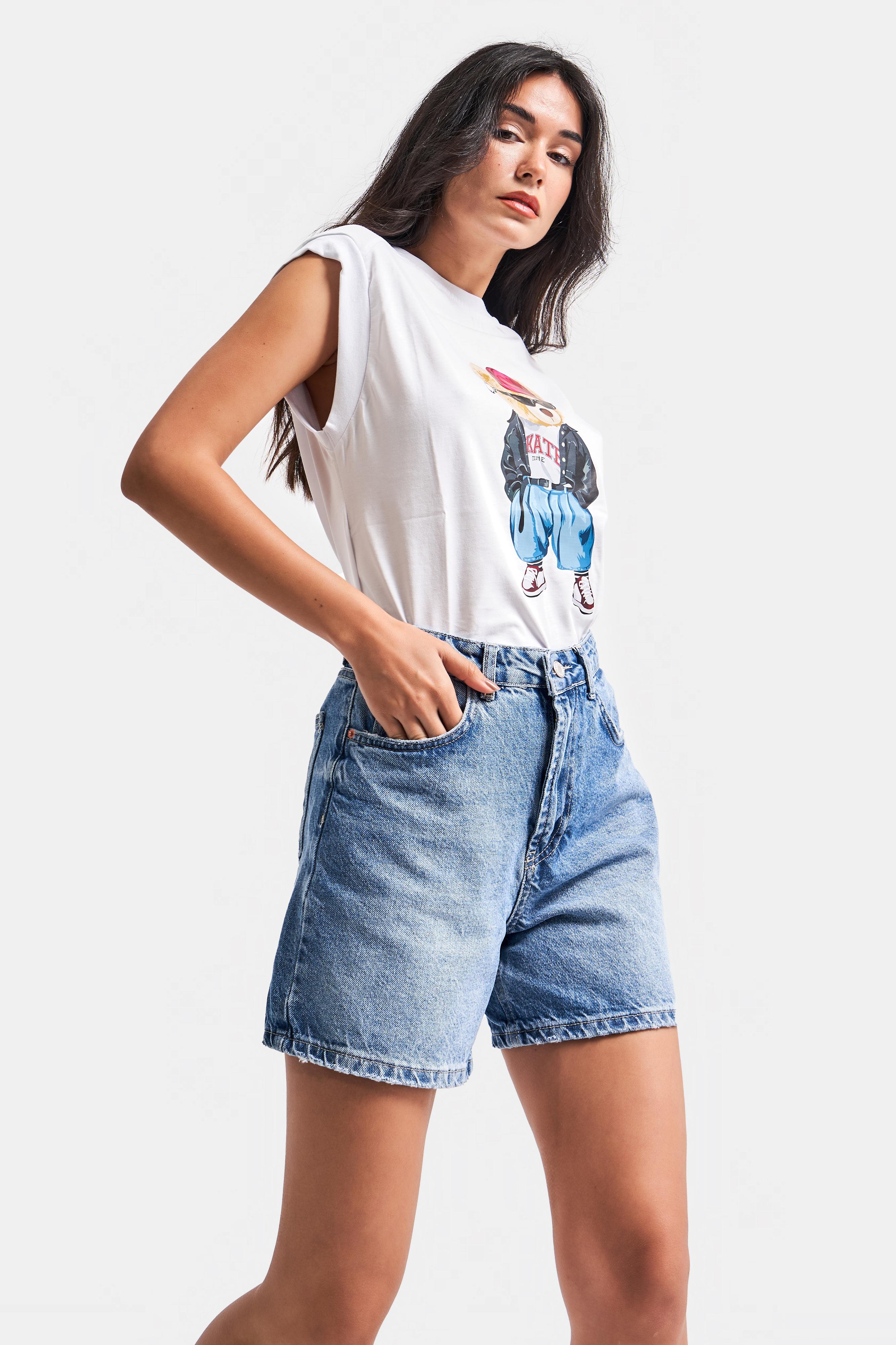 It's Basic Kadın Mavi Renk Mom Fit Midi Boy Denim Şort görsel 6
