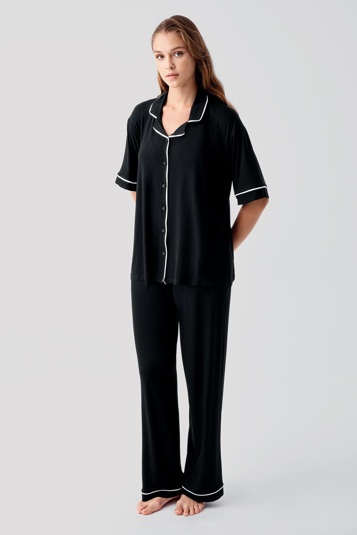 Artış Kısa Kollu Düğmeli Oversize Esnek Elastanlı Viskoz Soft Pijama Takım 19210