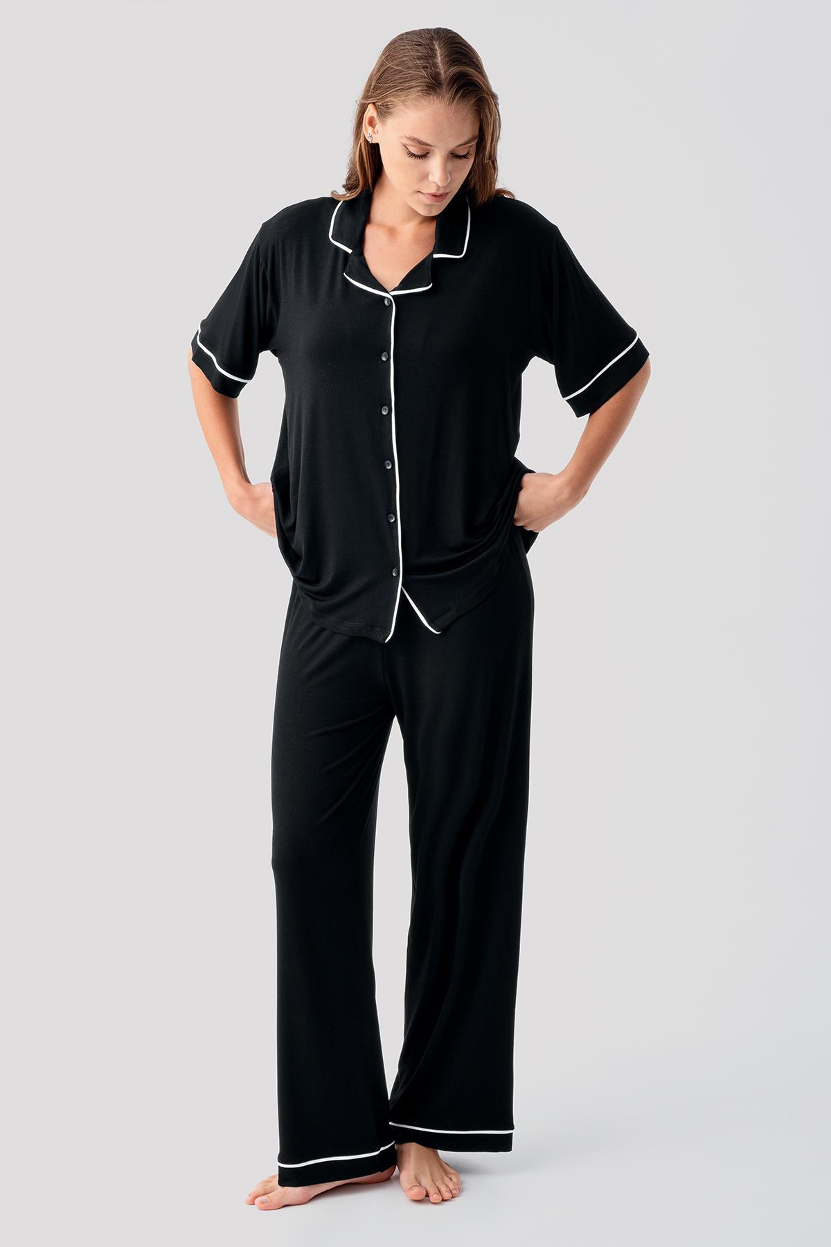 Artış Kısa Kollu Düğmeli Oversize Esnek Elastanlı Viskoz Soft Pijama Takım 19210 görsel 2