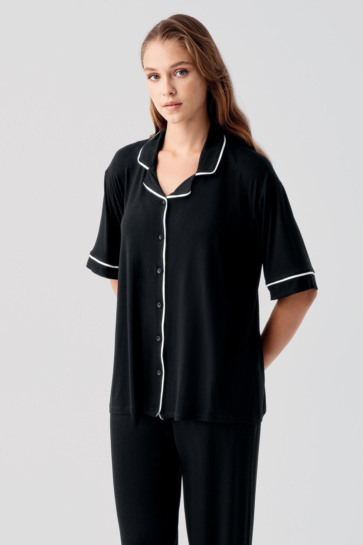 Artış Kısa Kollu Düğmeli Oversize Esnek Elastanlı Viskoz Soft Pijama Takım 19210 görsel 3