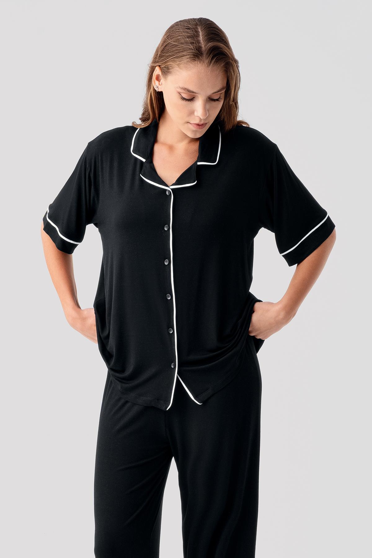 Artış Kısa Kollu Düğmeli Oversize Esnek Elastanlı Viskoz Soft Pijama Takım 19210 görsel 4