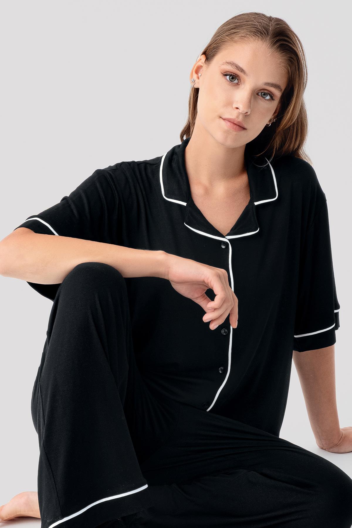 Artış Kısa Kollu Düğmeli Oversize Esnek Elastanlı Viskoz Soft Pijama Takım 19210 görsel 5