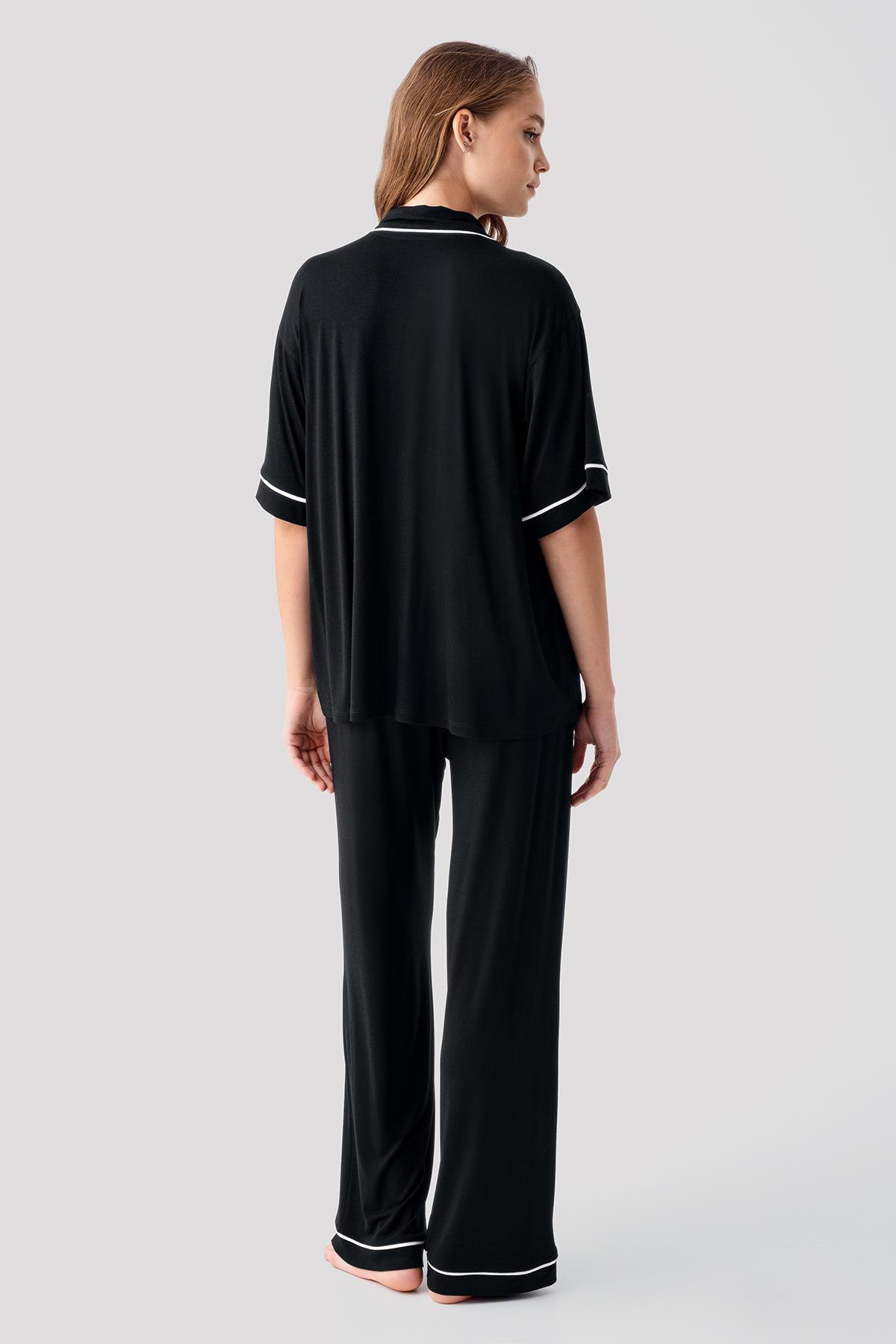 Artış Kısa Kollu Düğmeli Oversize Esnek Elastanlı Viskoz Soft Pijama Takım 19210 görsel 7