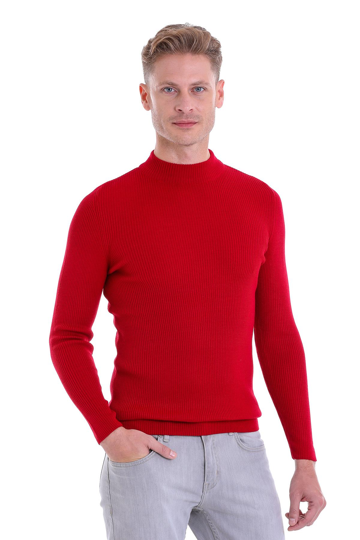 Hatemoğlu Kırmızı Slim Fit Fitilli Yarım Balıkçı Yaka Yünlü Kazak