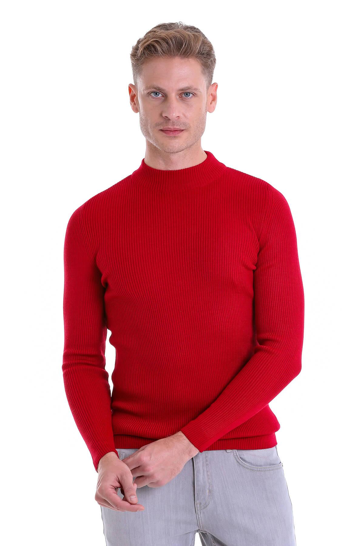 Hatemoğlu Kırmızı Slim Fit Fitilli Yarım Balıkçı Yaka Yünlü Kazak görsel 2