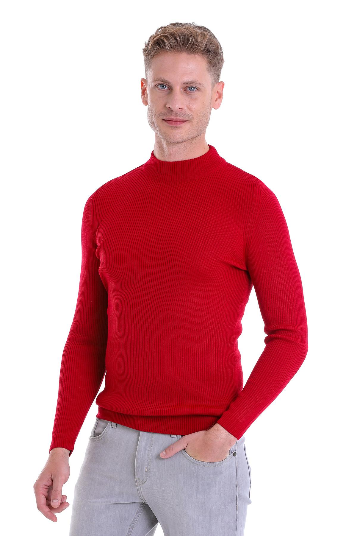 Hatemoğlu Kırmızı Slim Fit Fitilli Yarım Balıkçı Yaka Yünlü Kazak görsel 3