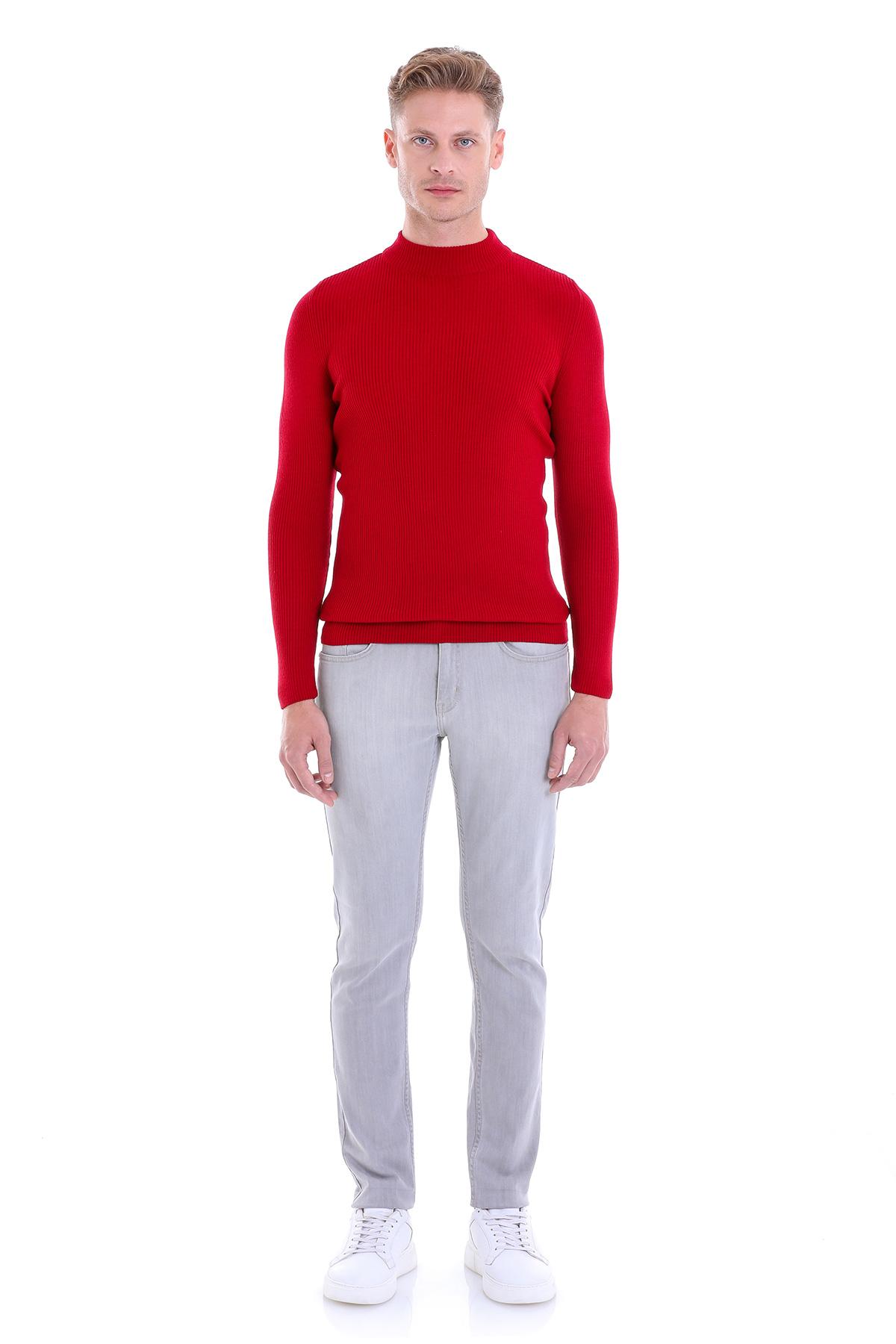Hatemoğlu Kırmızı Slim Fit Fitilli Yarım Balıkçı Yaka Yünlü Kazak görsel 4
