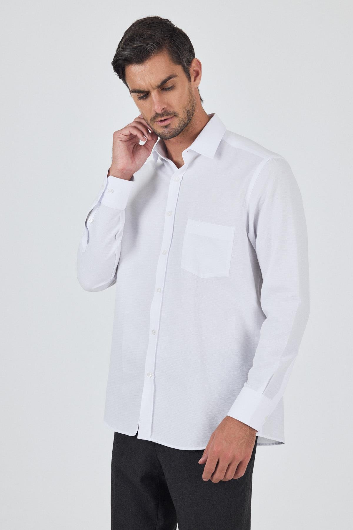 İMZA Uzun Kol Desenli Armürlü Sert Yaka Cepli Pamuklu Classic Comfort Fit Büyük Beden Gömlek 1004250187 görsel 4