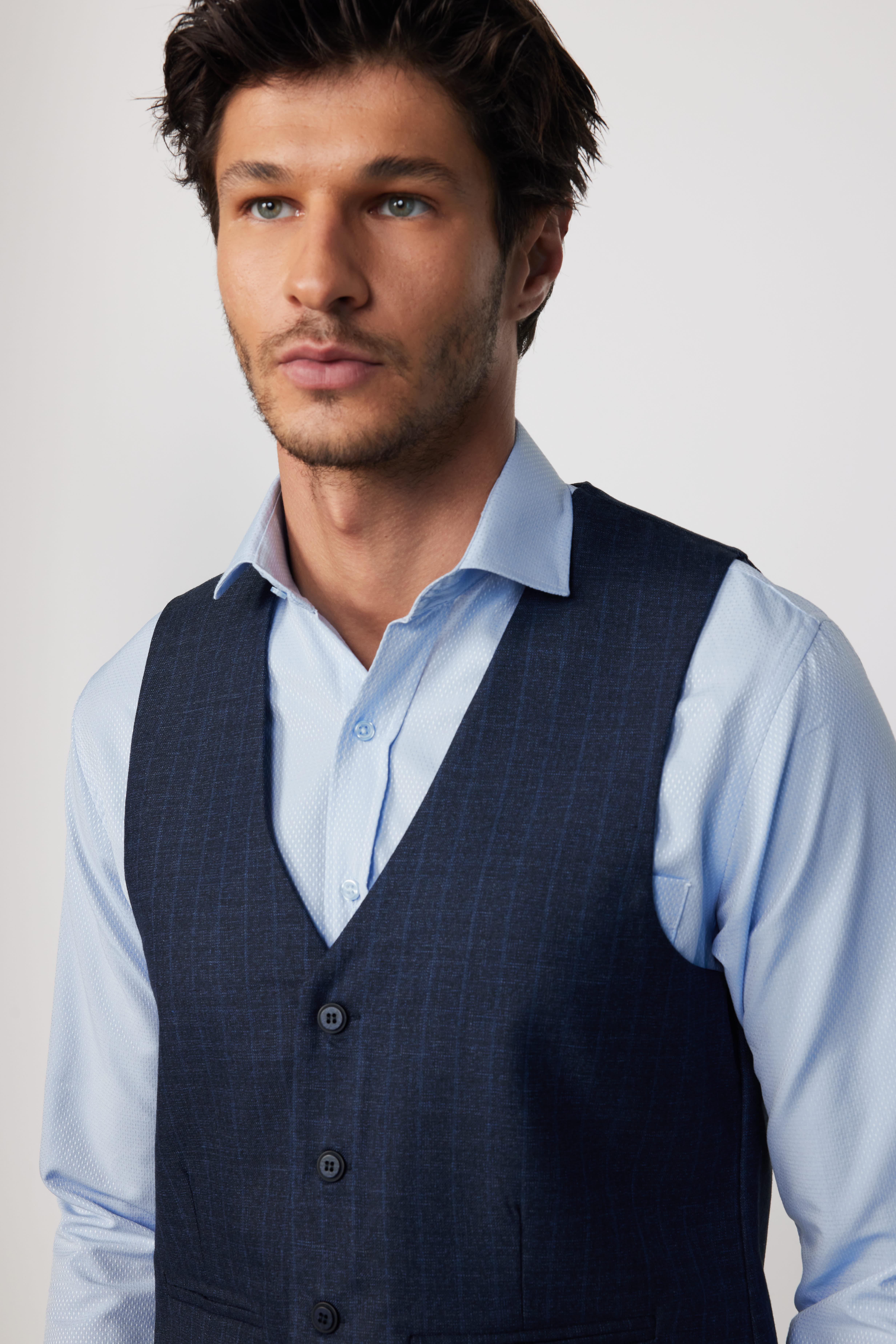 TUDORS Slim Fit Dar Kesim Fleto Cep 4 Mevsim Çizgili Lacivert Erkek Yelek görsel 2