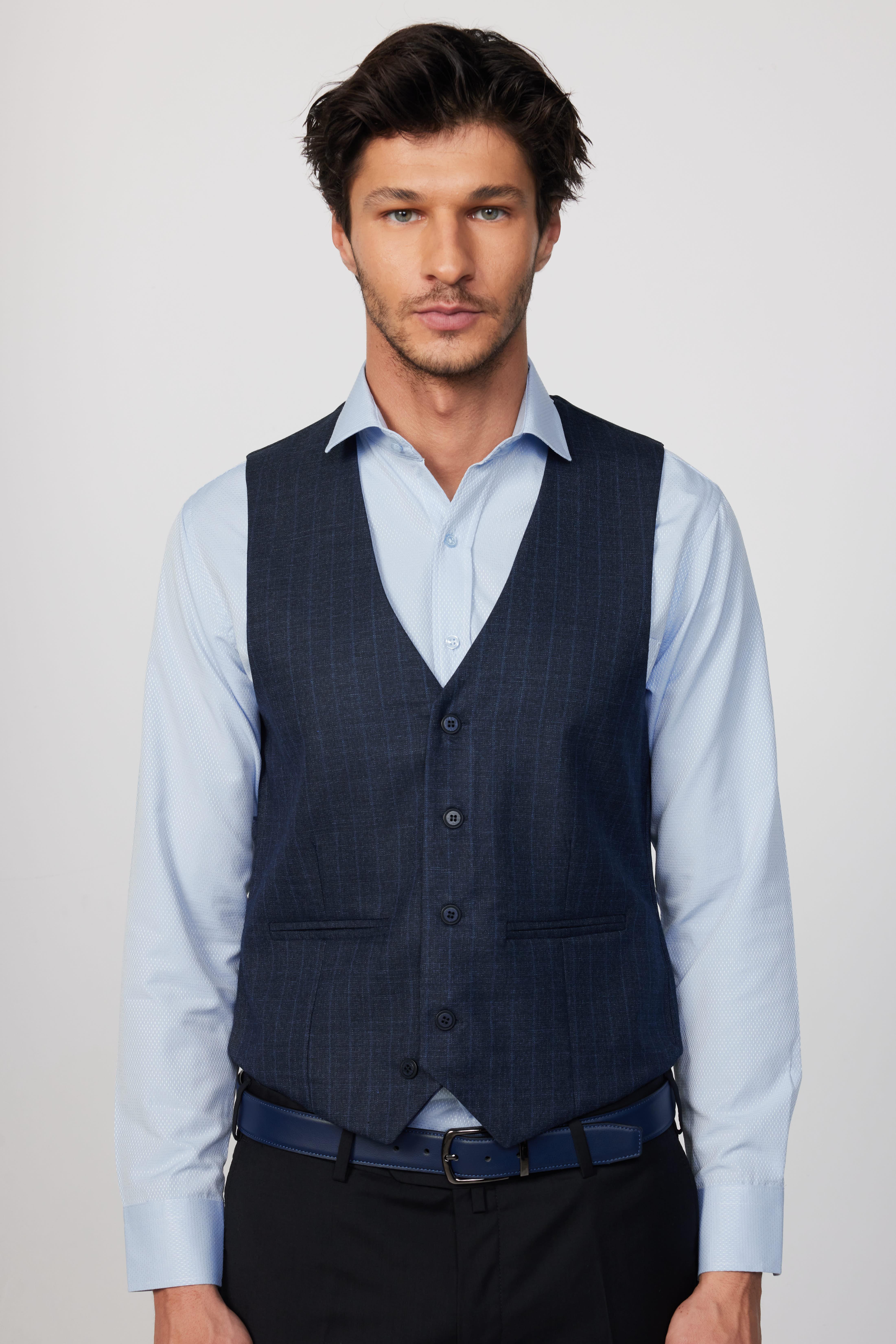 TUDORS Slim Fit Dar Kesim Fleto Cep 4 Mevsim Çizgili Lacivert Erkek Yelek görsel 3