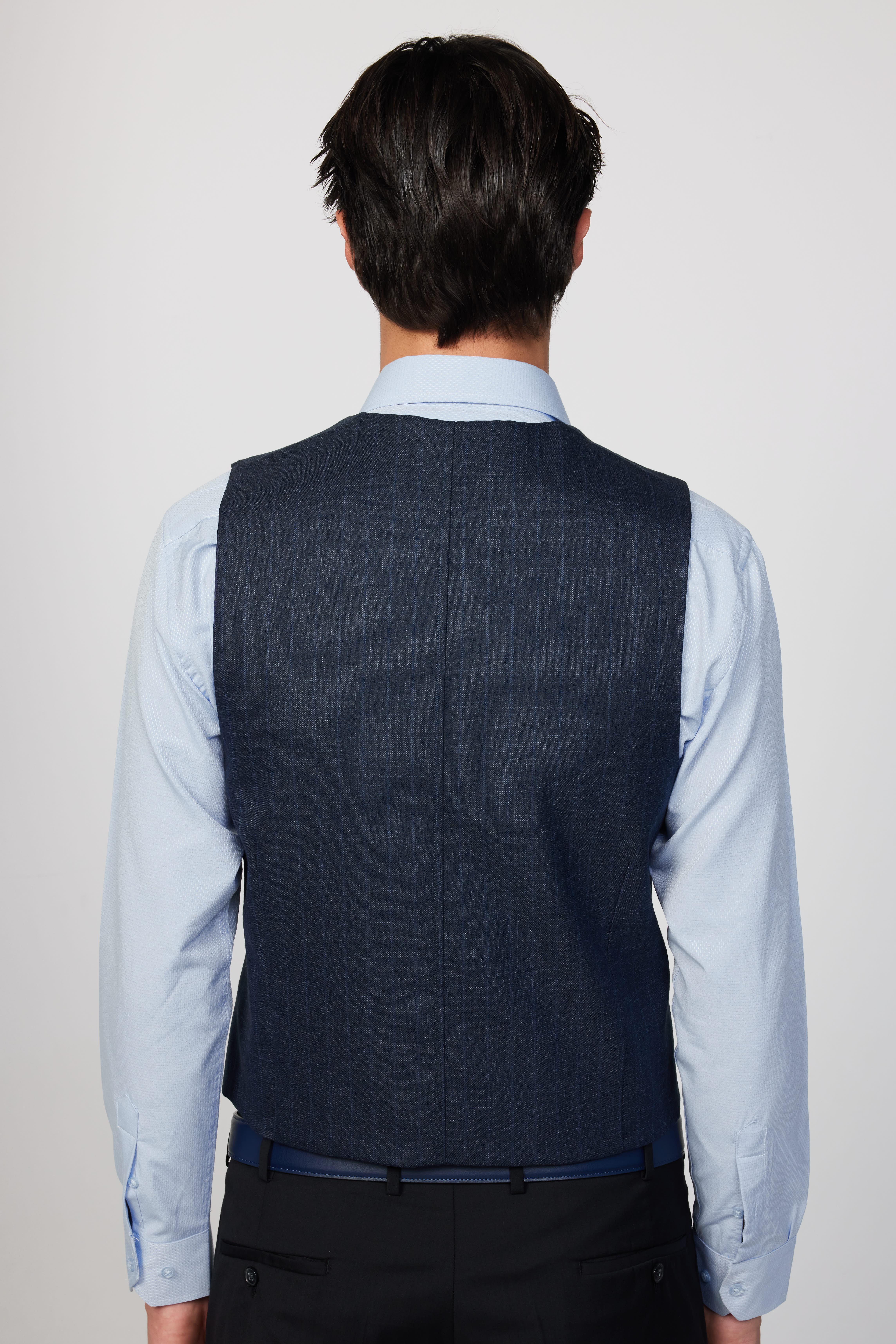 TUDORS Slim Fit Dar Kesim Fleto Cep 4 Mevsim Çizgili Lacivert Erkek Yelek görsel 5