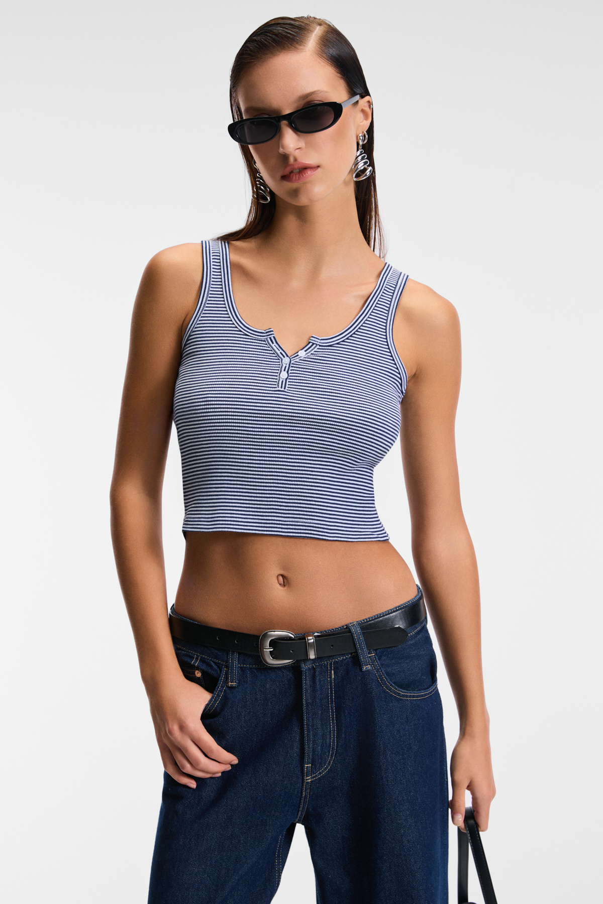 ETHIQUET MAVSERA Kadın Kalın Askılı U Yaka Patlı Düğmeli Crop Slim BEYAZ-LACİVERT Atlet