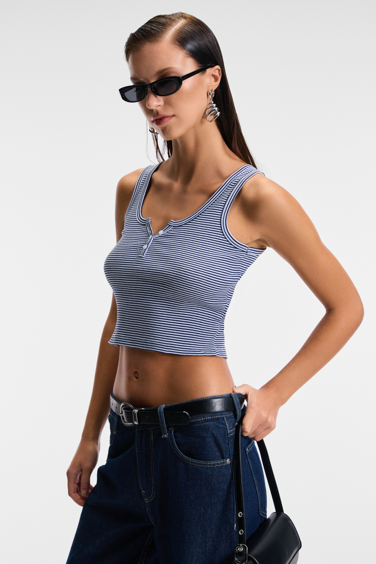 ETHIQUET MAVSERA Kadın Kalın Askılı U Yaka Patlı Düğmeli Crop Slim BEYAZ-LACİVERT Atlet görsel 5