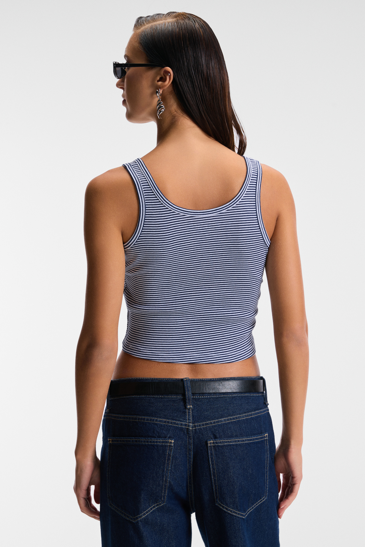 ETHIQUET MAVSERA Kadın Kalın Askılı U Yaka Patlı Düğmeli Crop Slim BEYAZ-LACİVERT Atlet görsel 6