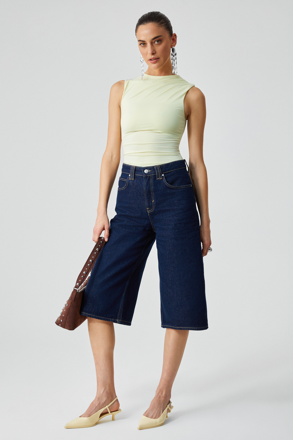 ETHIQUET CANISA Kadın Slim Fit Sıfır Kol Yuvarlak Yaka Düz Renk SARI Atlet görsel 4