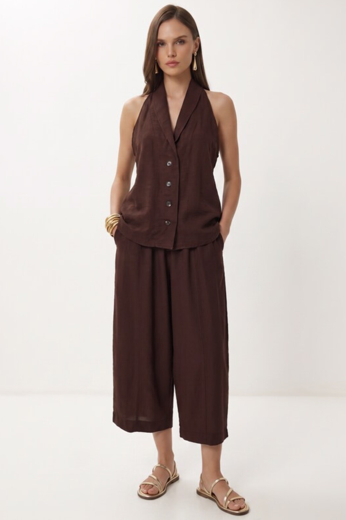 Happiness İstanbul Keten Yelek Pantolon Takım KAHVERENGİ LBY0062