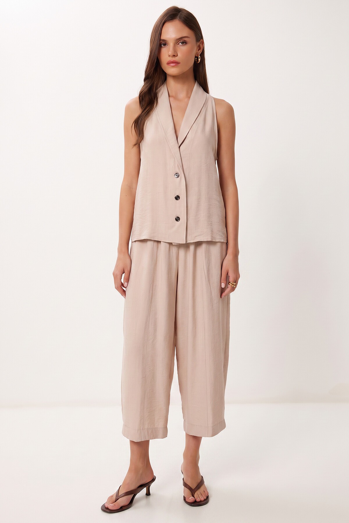 Happiness İstanbul Keten Yelek Pantolon Takım KREM LBY0062 görsel 2