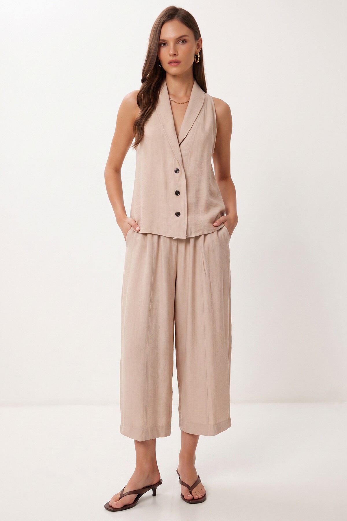 Happiness İstanbul Keten Yelek Pantolon Takım KREM LBY0062 görsel 3