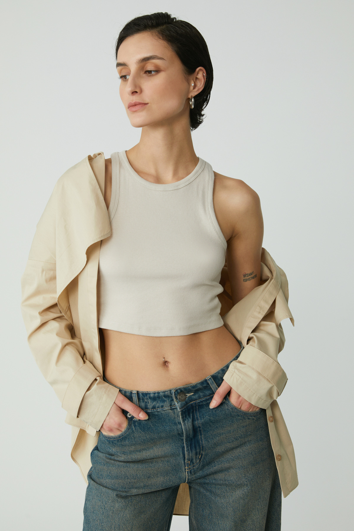 ETHIQUET JOYCE Kadın Slim Fit Dar Kalıp Sıfır Kol Bisiklet Yaka Örme Crop AÇIK GRİ Atlet